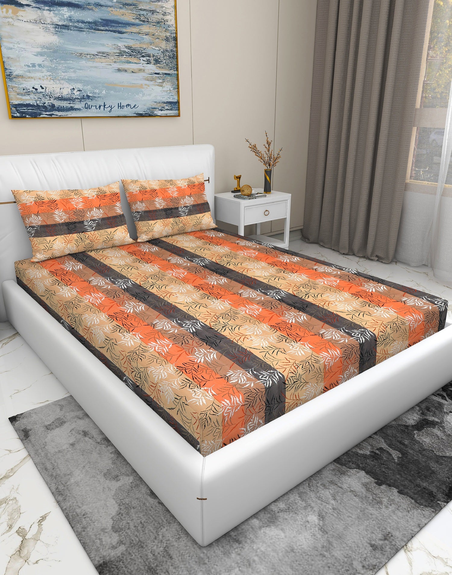 Fantasy Collection 180 TC Fitted Queen Bedsheet with 2 Pillow Covers | BOB STRIPES