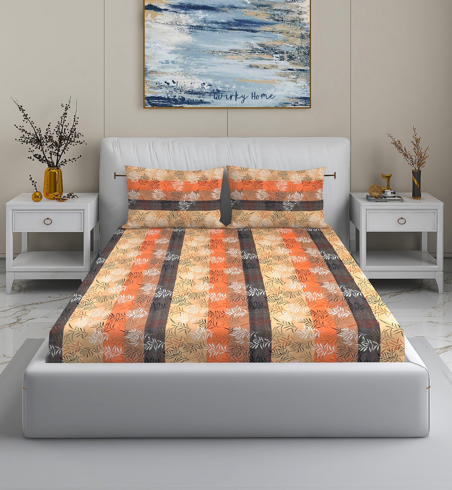 Fantasy Collection 180 TC Fitted Queen Bedsheet with 2 Pillow Covers | BOB STRIPES