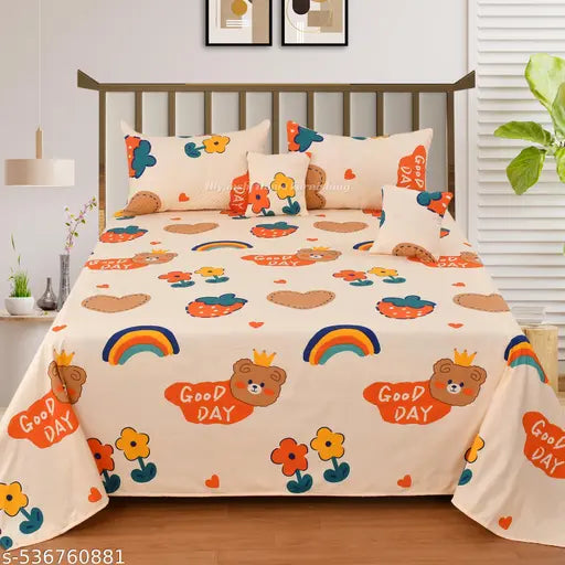 Kidzee Collection 180 TC Fitted Queen Bedsheet with 2 Pillow Covers | Rainbows