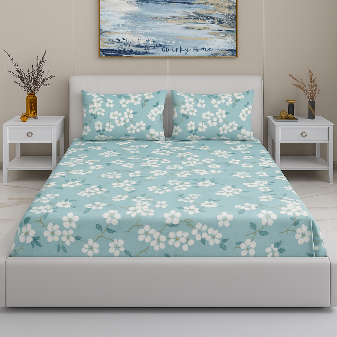 Rome Collection 220 TC King Bedsheet with 2 Pillow Covers | Blue Foral