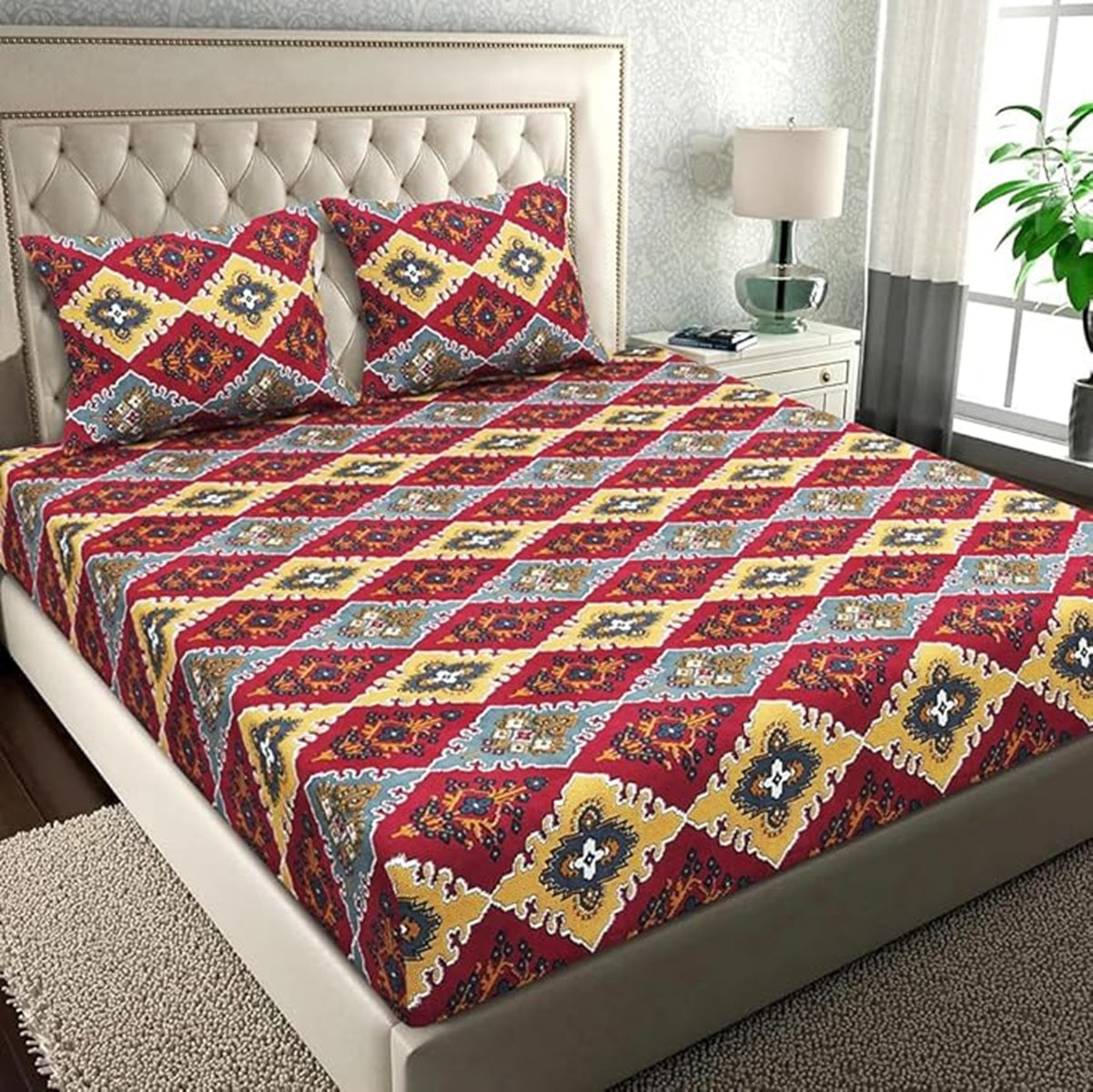 Classic Collection Flat Double Bedsheet with 2 Pillow Cover | Maroon Traditional