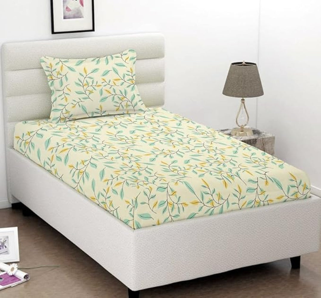 Classic Collection Cotton Blend Flat Single Bedsheet with 1 Pillow Cover | Cream Floral
