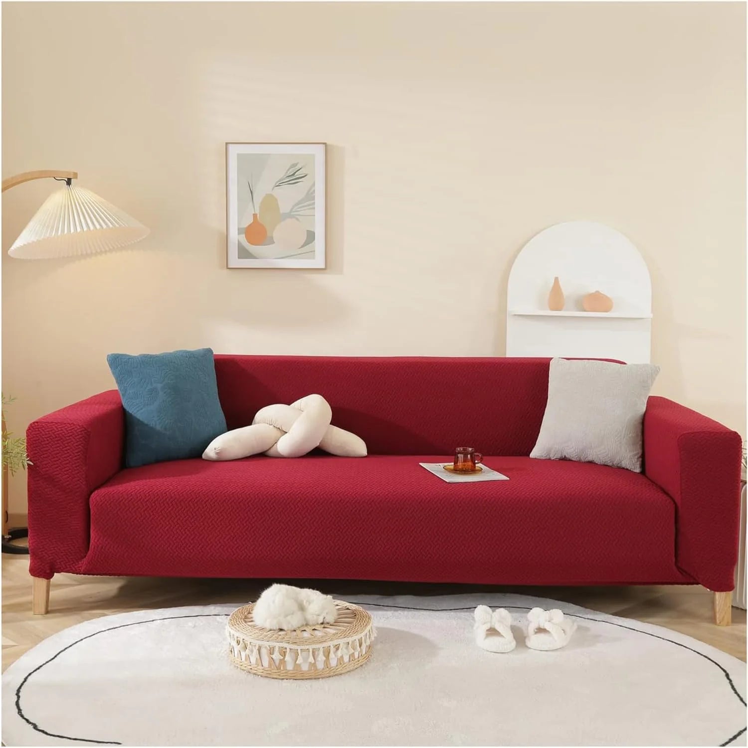 3+1+1 Seater Sofa Cover | 5 Seater Elastic Fitted Sofa Cover Set (Red)