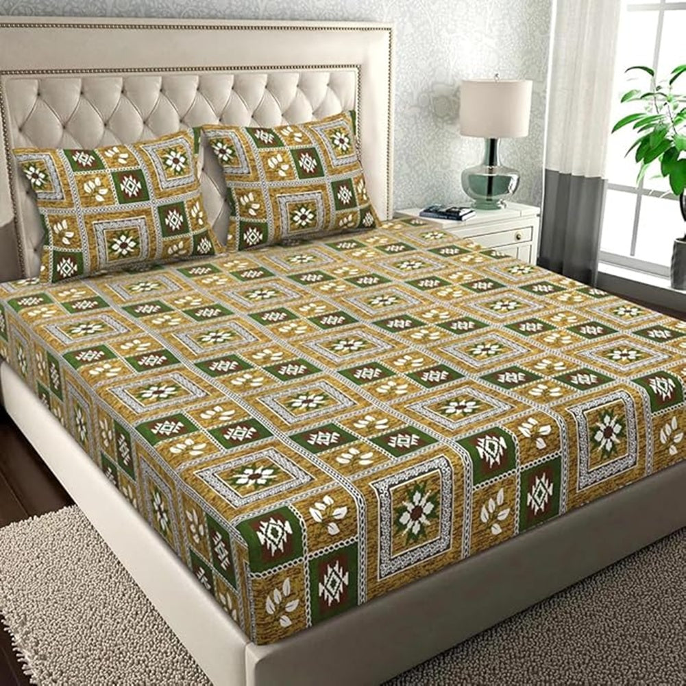 Classic Collection Flat Double Bedsheet with 2 Pillow Cover | Olive Green Motifs