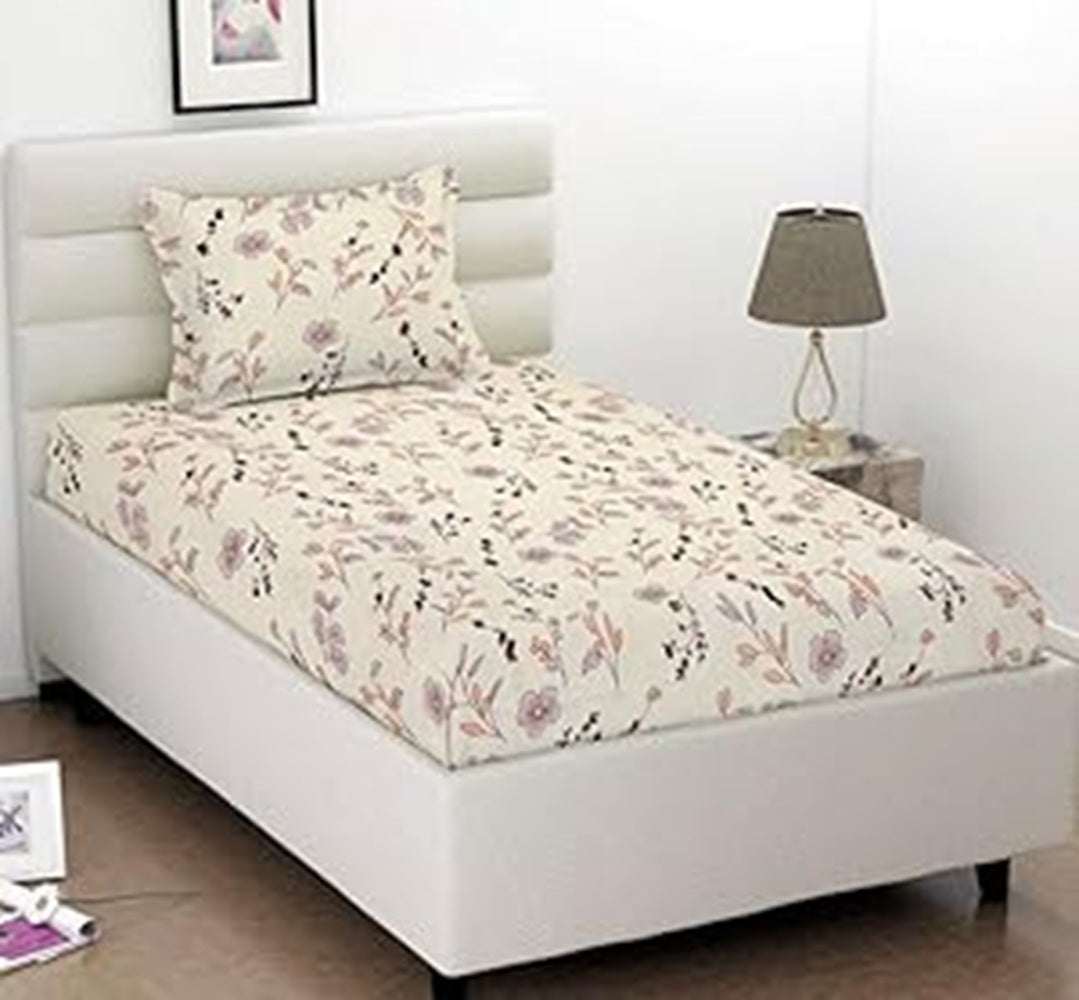Classic Collection Flat Single Bedsheet with 1 Pillow Cover | Off White Leaf