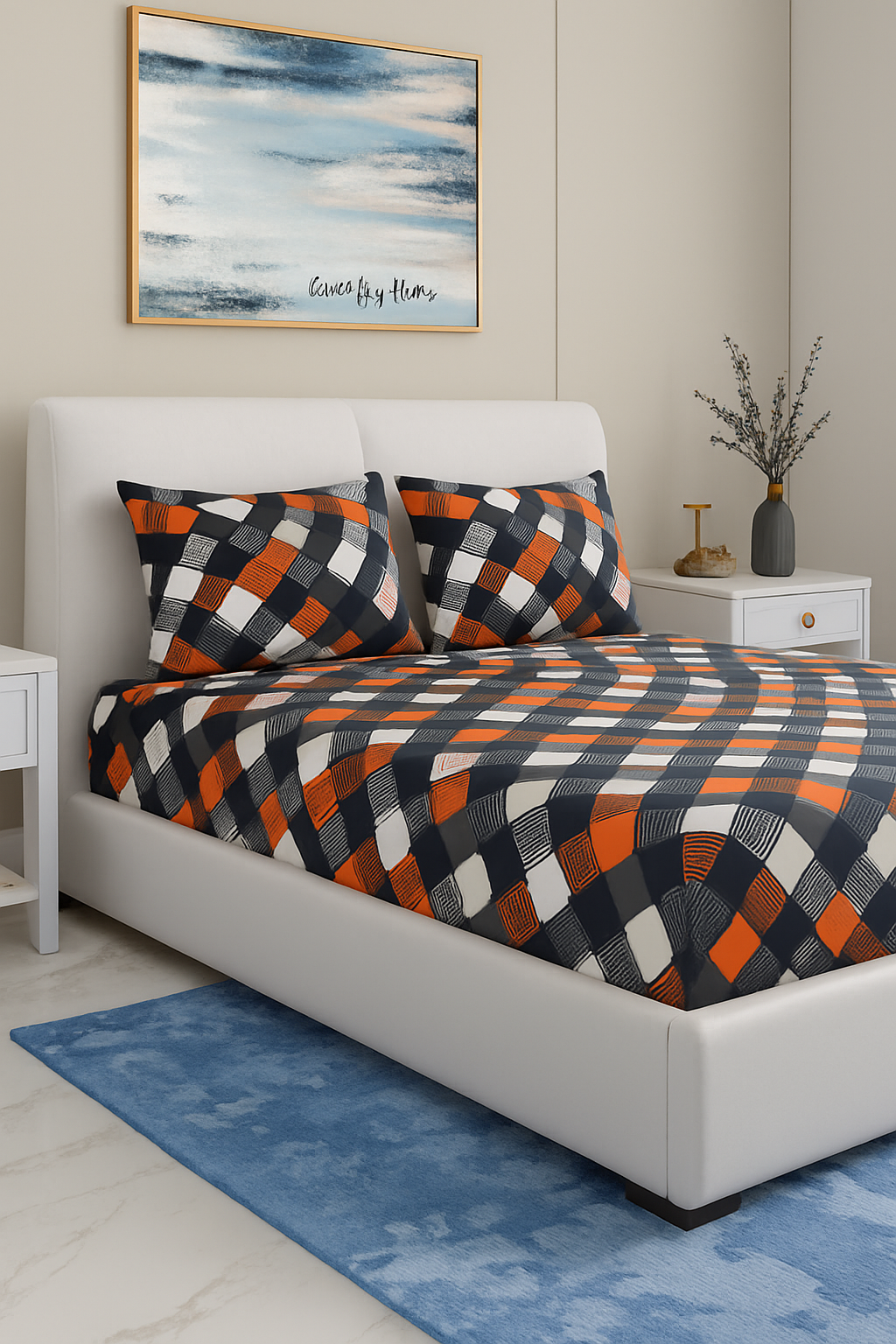 Classic Collection 144 TC Double Bedsheet | Orange Navy Squares