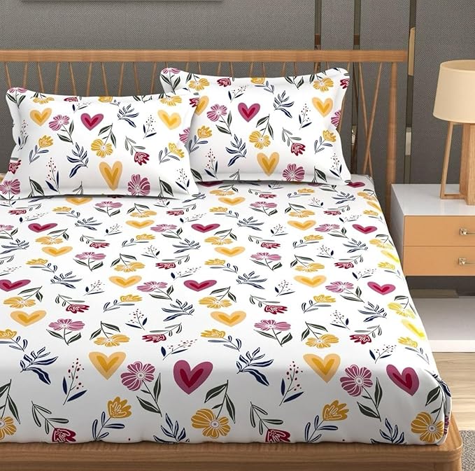 Coral Collection Double Bedsheet with 2 Pillow Covers | White Floral