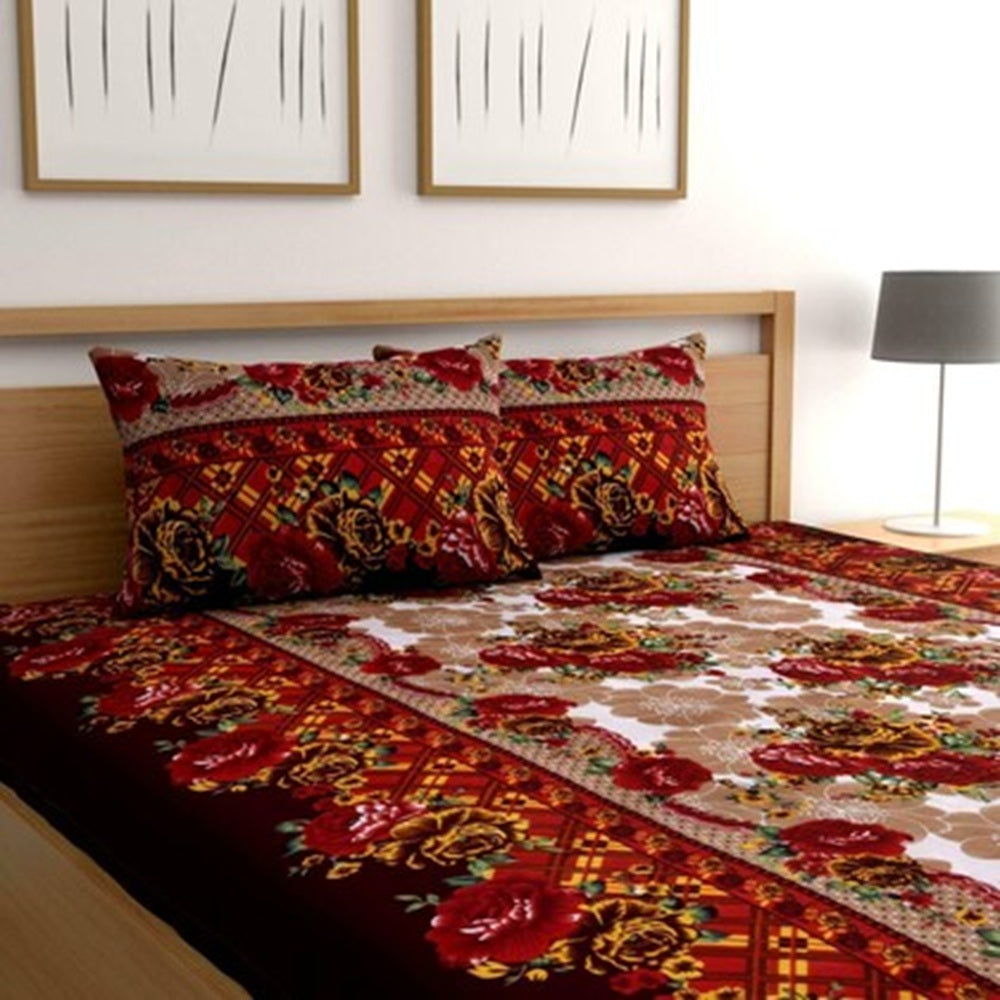 Duke Collection Cotton Blend Double Bedsheet with 2 Pillow Cover | Brown Floral