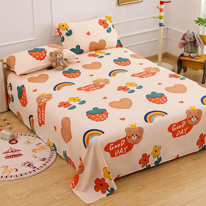 Kidzee Collection 180 TC Flat Queen Bedsheet with 2 Pillow Covers | Rainbows