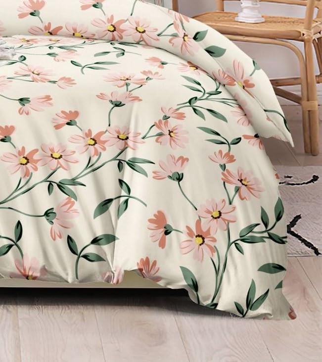 Coral Collection Double Bedsheet with 2 Pillow Covers | Off White Floral