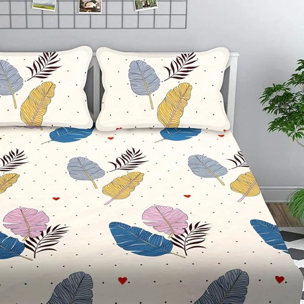 Coral Collection Flat Double Bedsheet with 2 Pillow Cover | Ivory Leaf