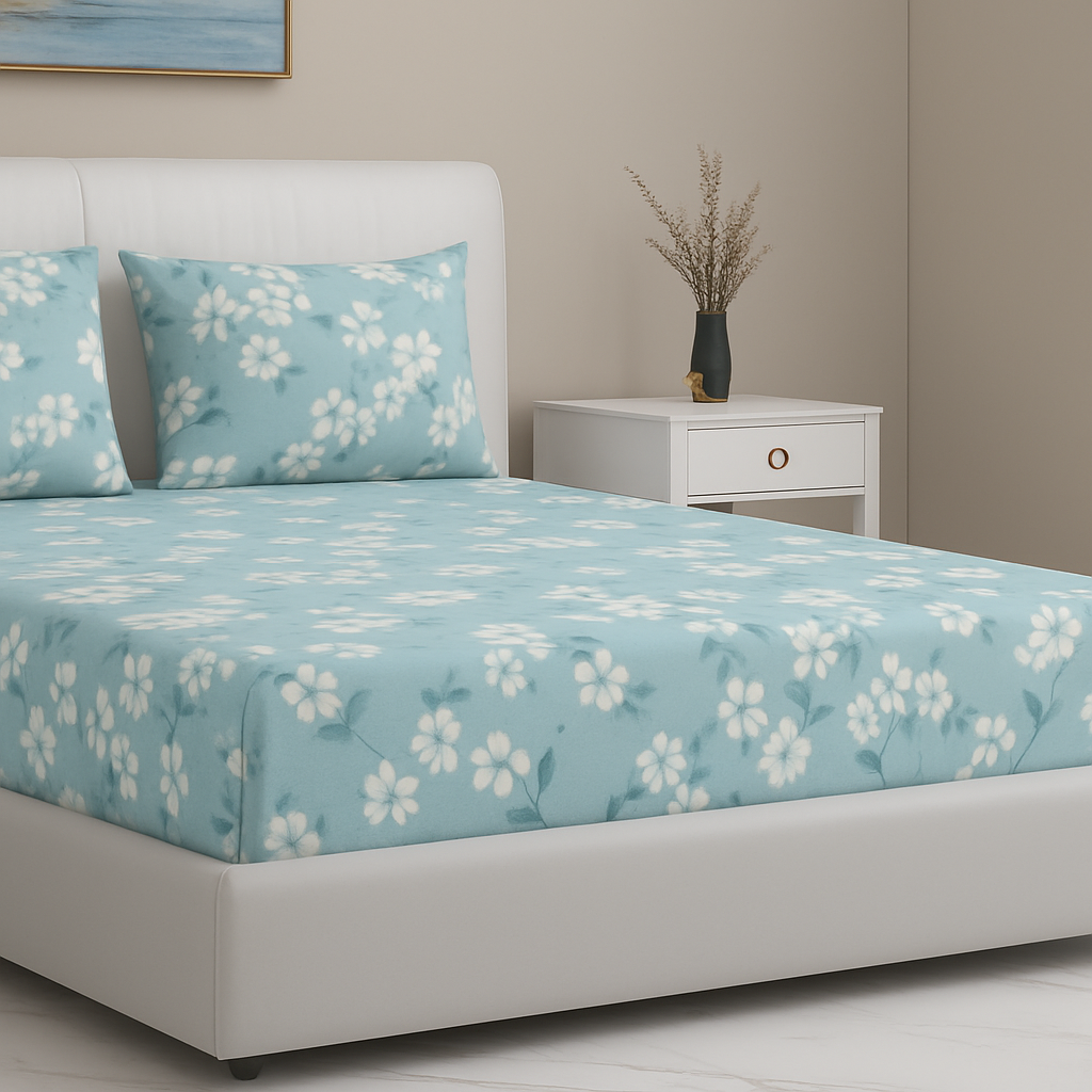 Rome Collection 220 TC King Bedsheet with 2 Pillow Covers | Blue Foral