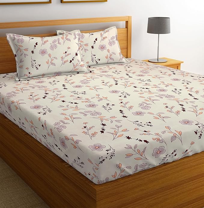 Classic Collection Flat Double Bedsheet with 2 Pillow Cover | White Floral