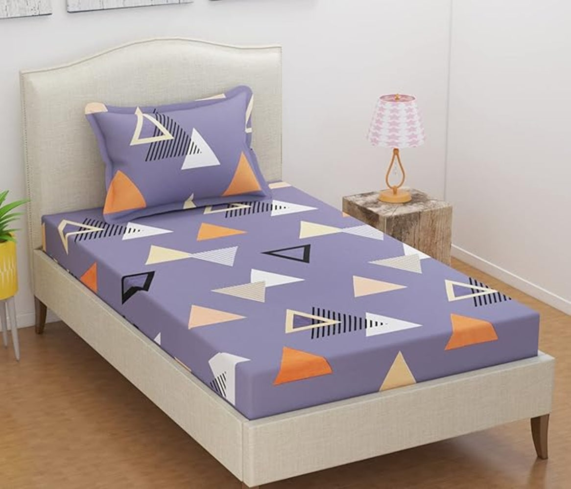 Classic Collection Flat Single Bedsheet with 1 Pillow Cover | Purple Triangles