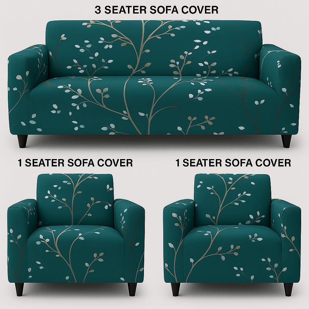 3+1+1 Seater Sofa Cover | 5 Seater Elastic Fitted Sofa Cover Set (Green)