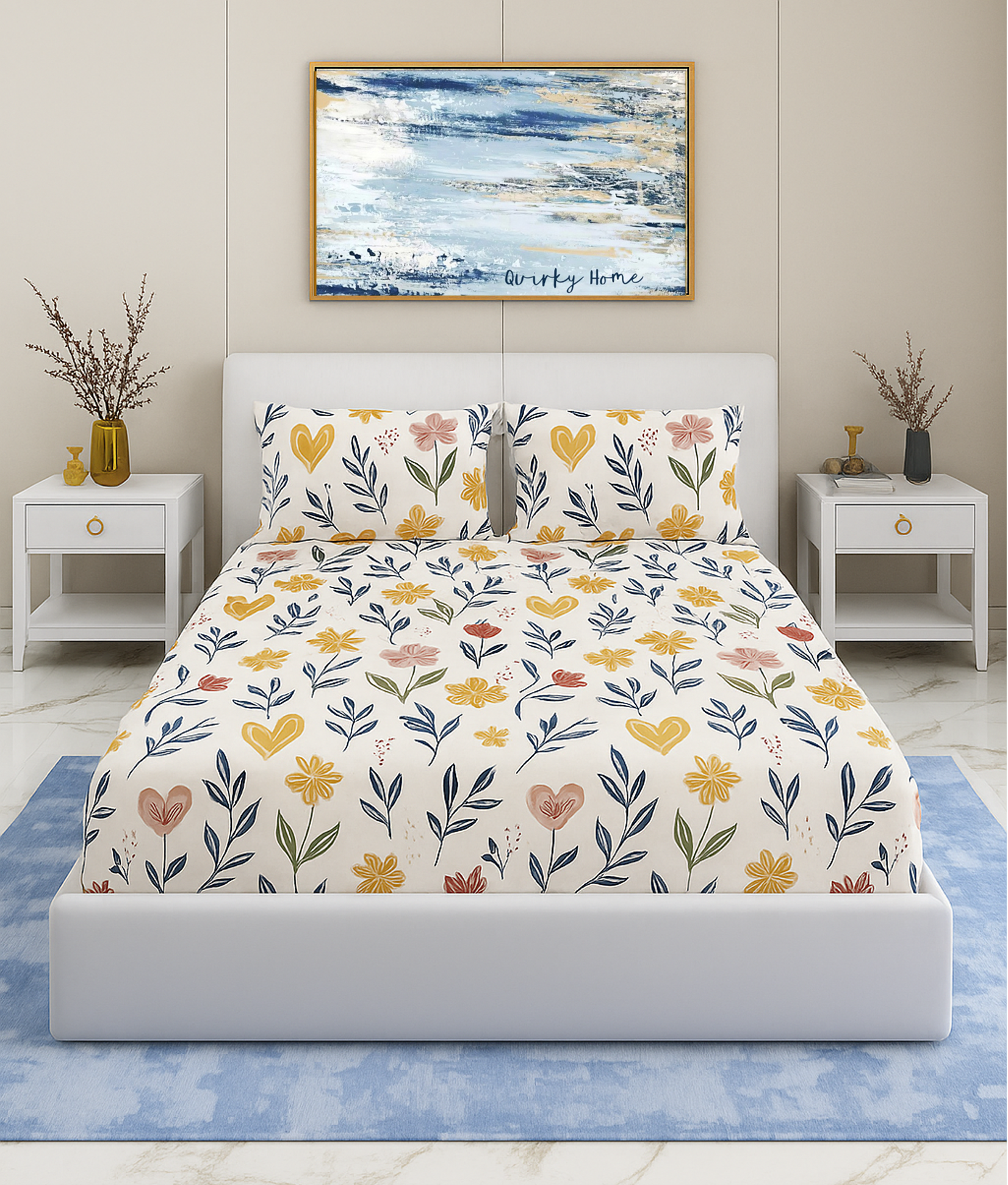 Coral Collection Double Bedsheet with 2 Pillow Covers | White Floral