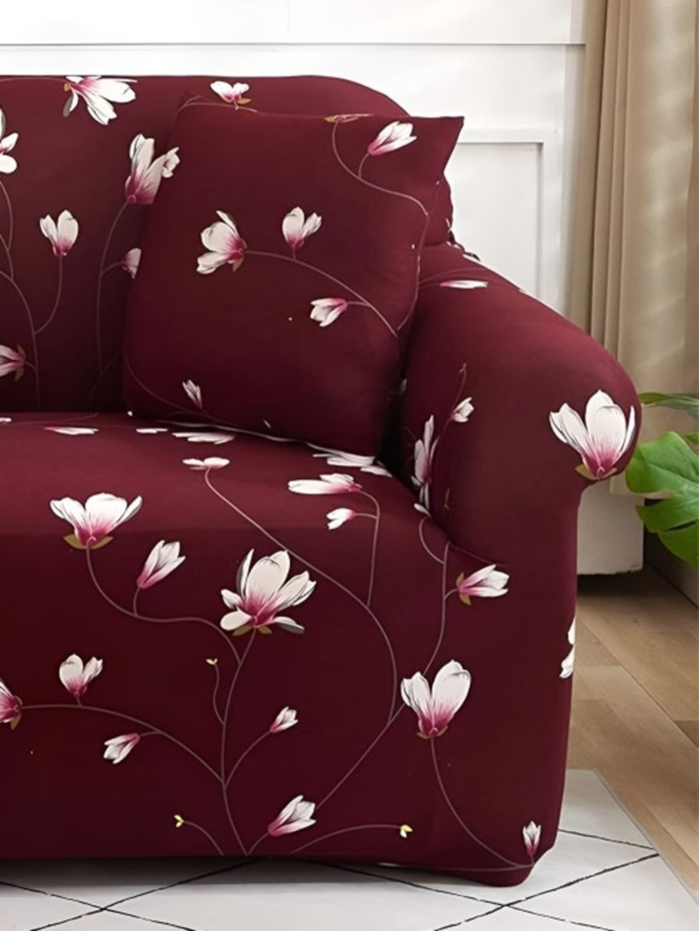 3+1+1 Seater Sofa Cover | 5 Seater Elastic Fitted Sofa Cover Set (Maroon)