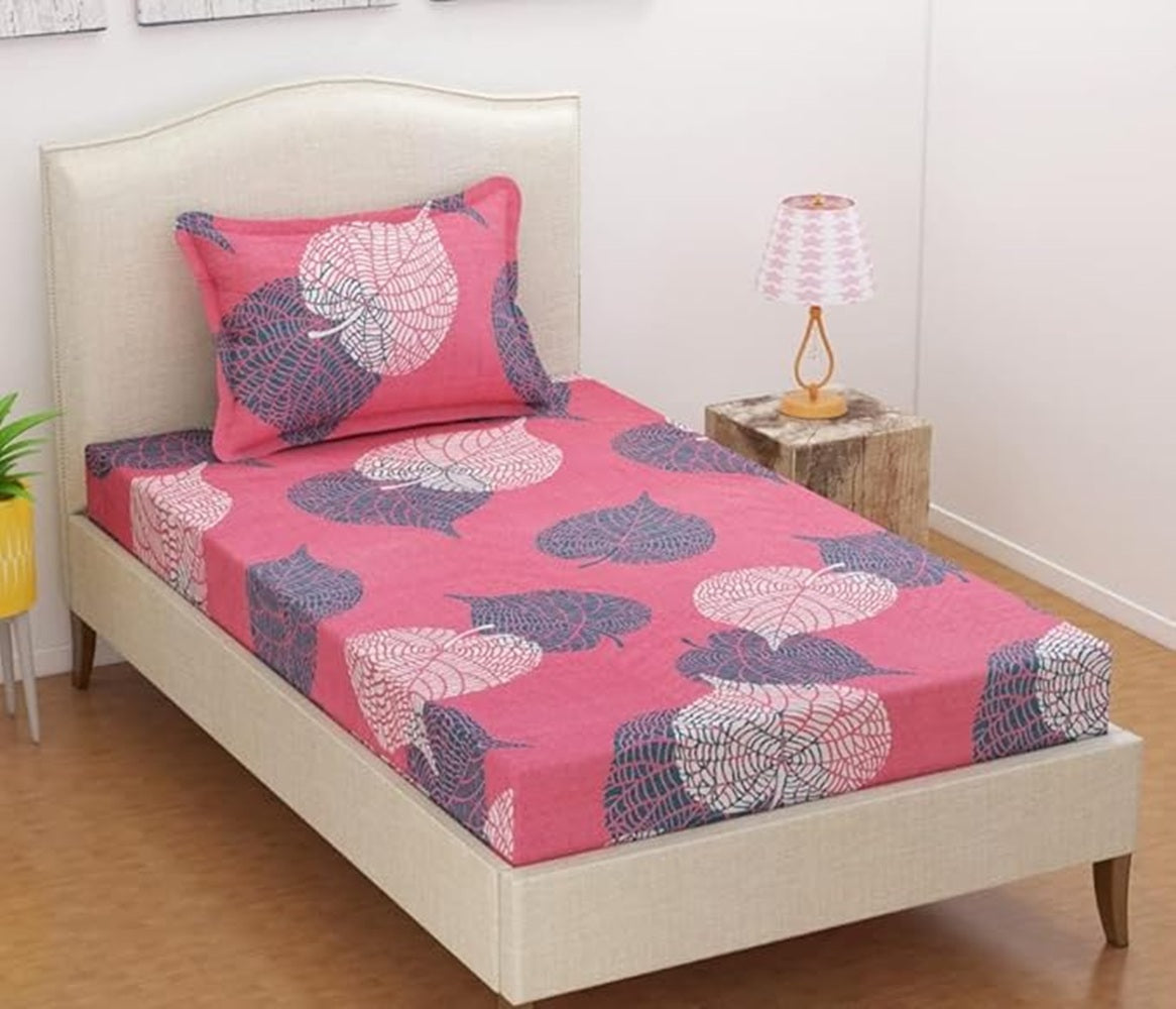 Classic Collection Flat Single Bedsheet with 1 Pillow Cover | Pink Leaf