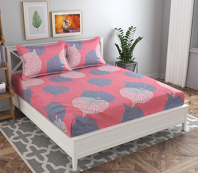 Classic Collection Flat Double Bedsheet with 2 Pillow Cover | Pink Leaf