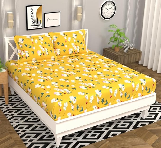 Classic Collection Flat Double Bedsheet with 2 Pillow Cover | Yellow Floral