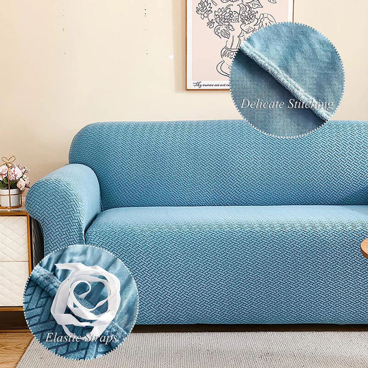 3+1+1 Seater Sofa Cover | 5 Seater Elastic Fitted Sofa Cover Set (Blue)