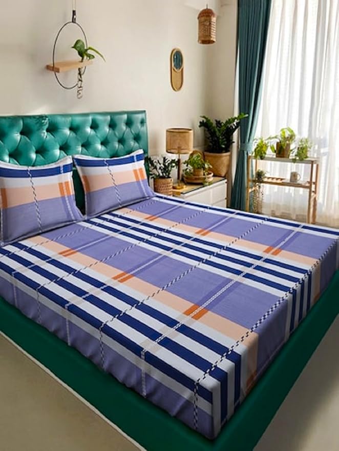 Fantasy Collection 180 TC Fitted King Bedsheet with 2 Pillow Covers | Blue Lines