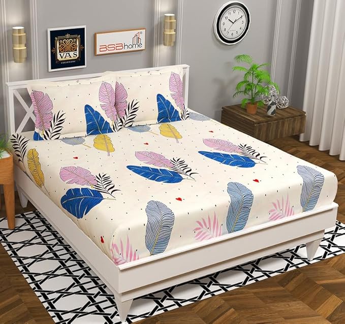 Coral Collection Flat Double Bedsheet with 2 Pillow Cover | Ivory Leaf