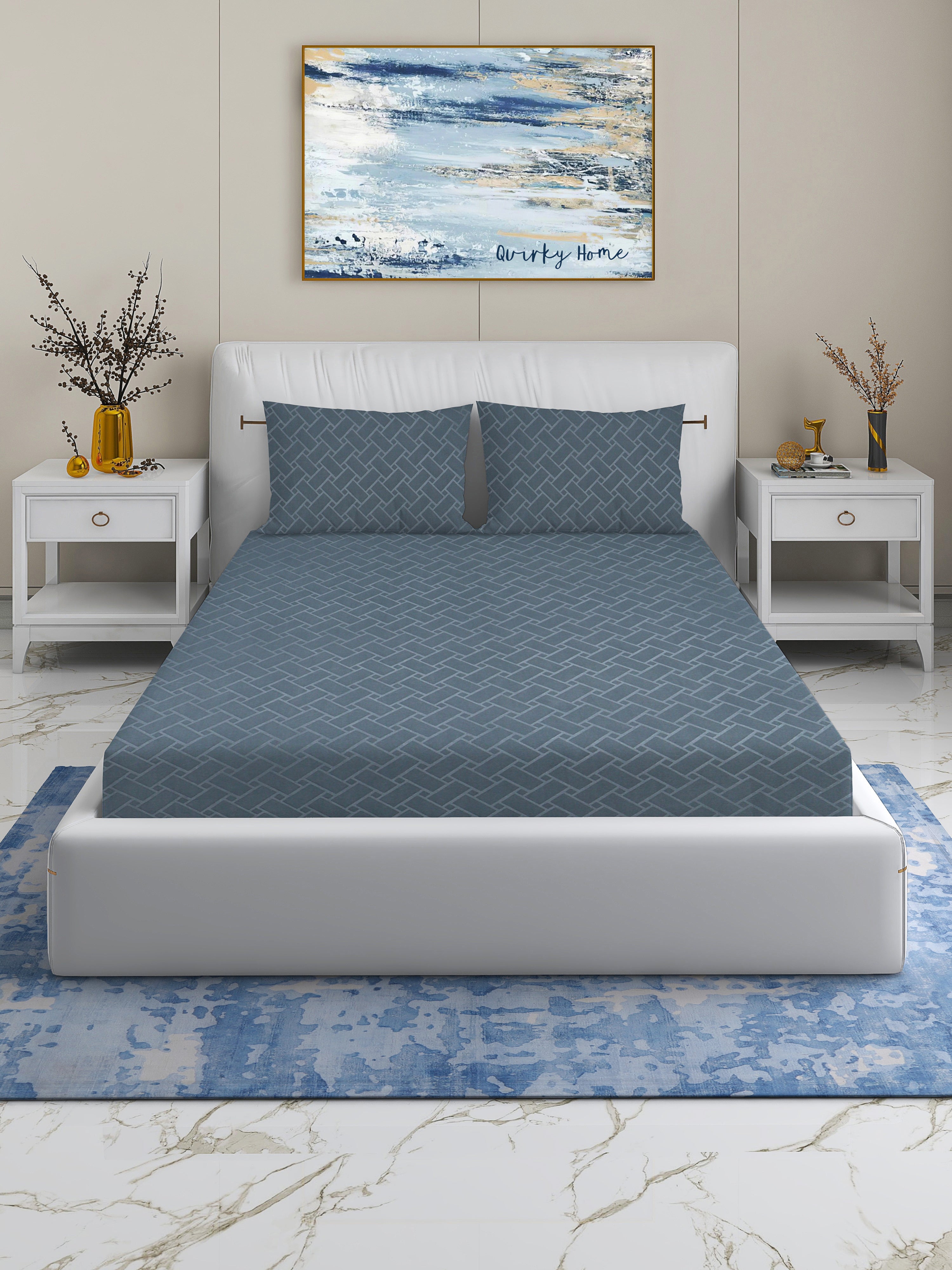 Embossa Collection 240 TC King Bedsheet with 2 Pillow Covers | Blue Geometric