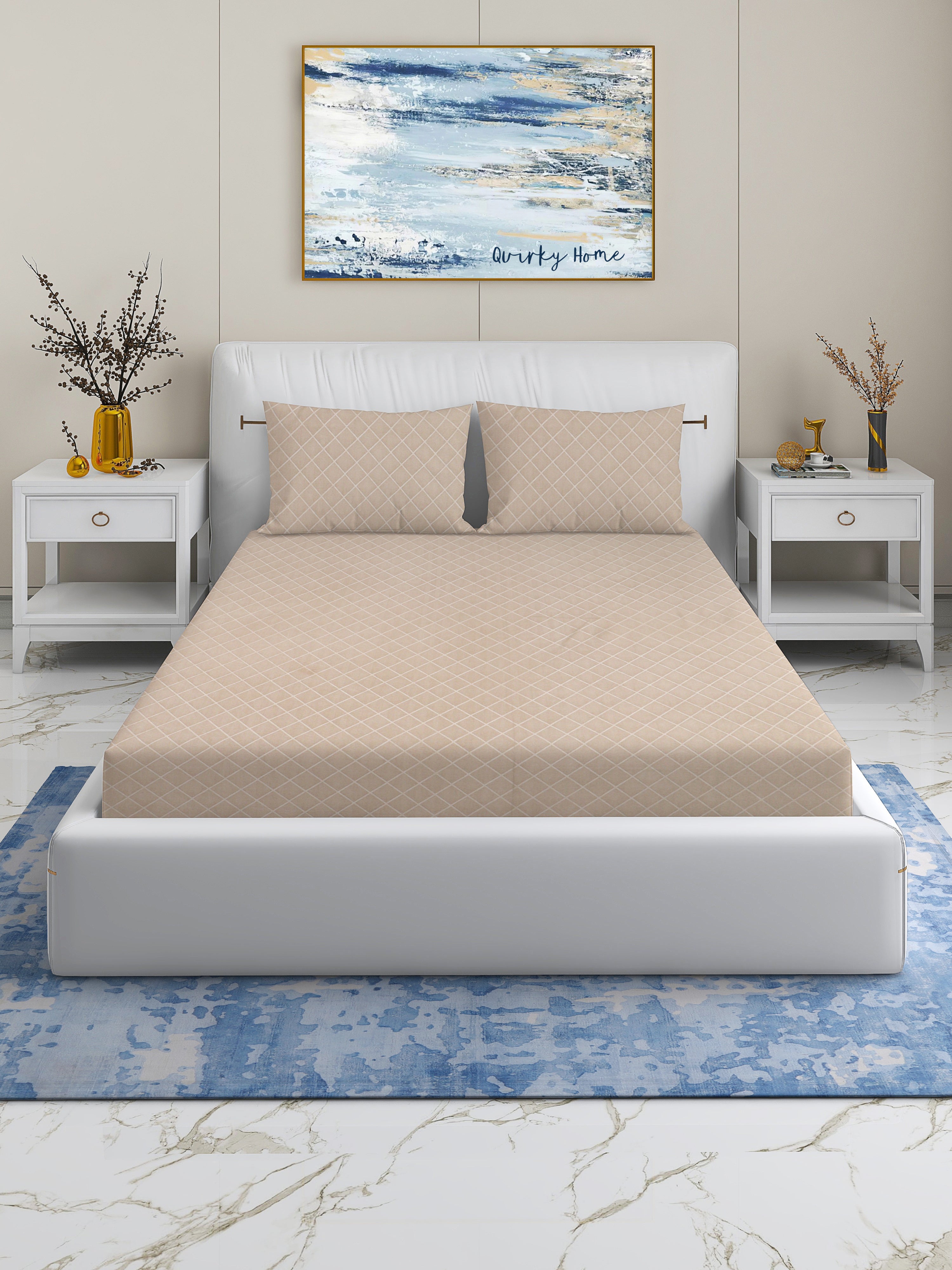 Embossa Collection 240 TC King Bedsheet with 2 Pillow Covers | Beige Squares