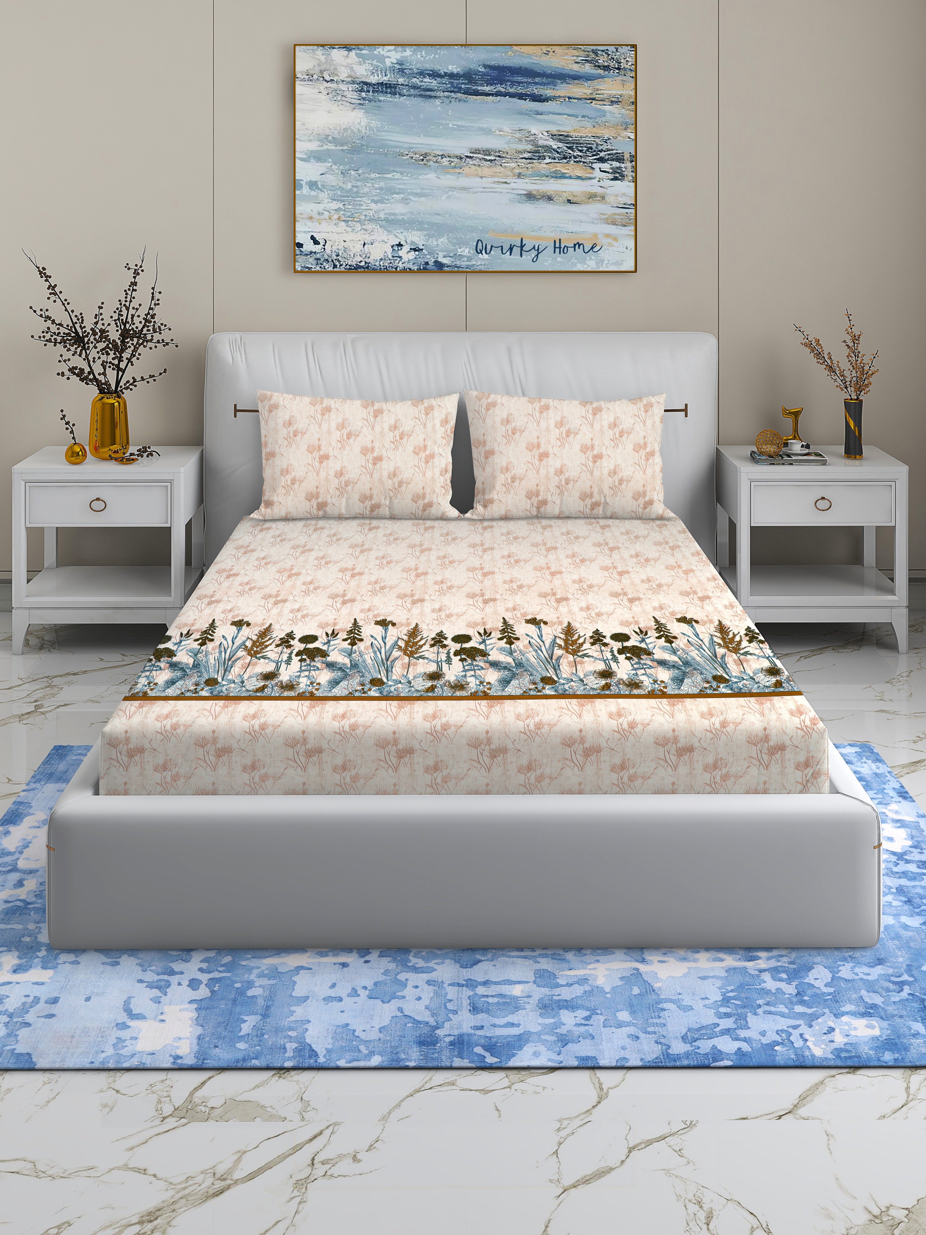 Fantasy Collection 180 TC Flat King Bedsheet with 2 Pillow Covers | Beige Floral