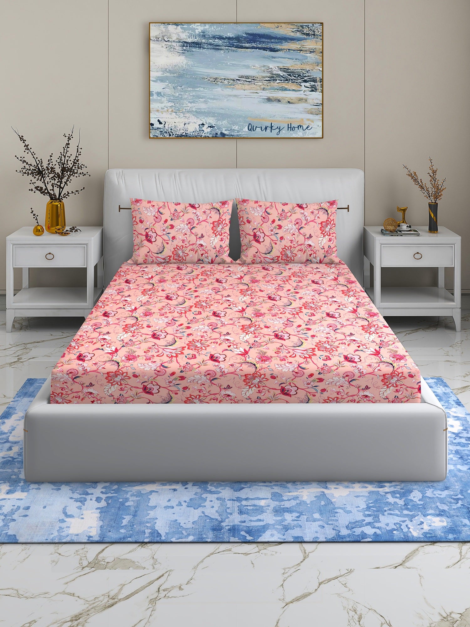 Fantasy Collection 180 TC Flat King Bedsheet with 2 Pillow Covers | Pink Floral