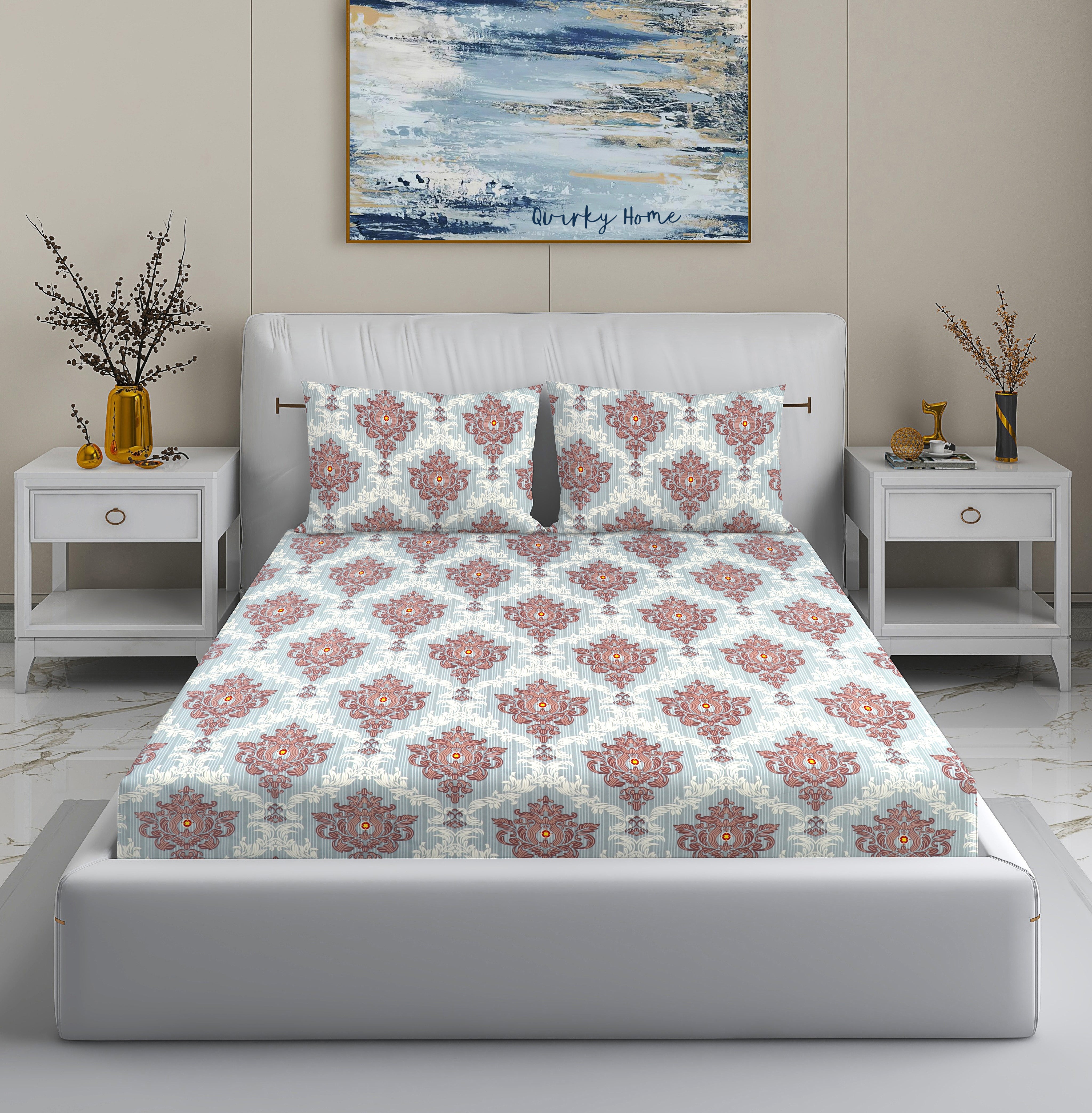 Fantasy Collection 180 TC Flat King Bedsheet with 2 Pillow Covers | Grey Trophy