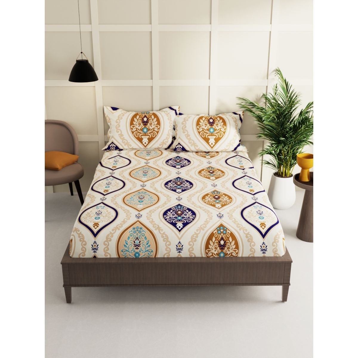 Fantasy Collection 180 TC Flat Queen Bedsheet with 2 Pillow Covers | Floral Ivory