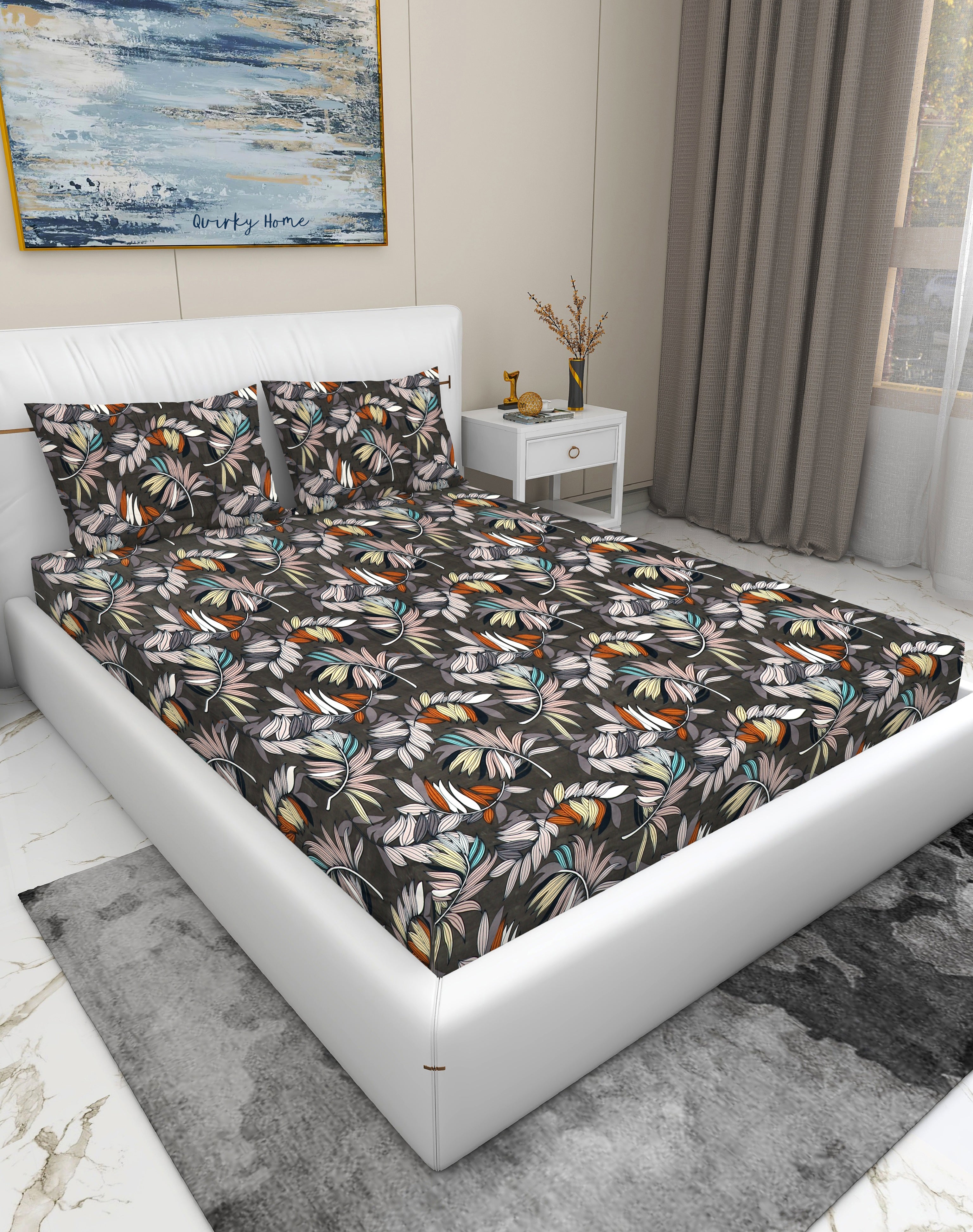 Fantasy Collection 180 TC Flat Queen Bedsheet with 2 Pillow Covers | Black Floral