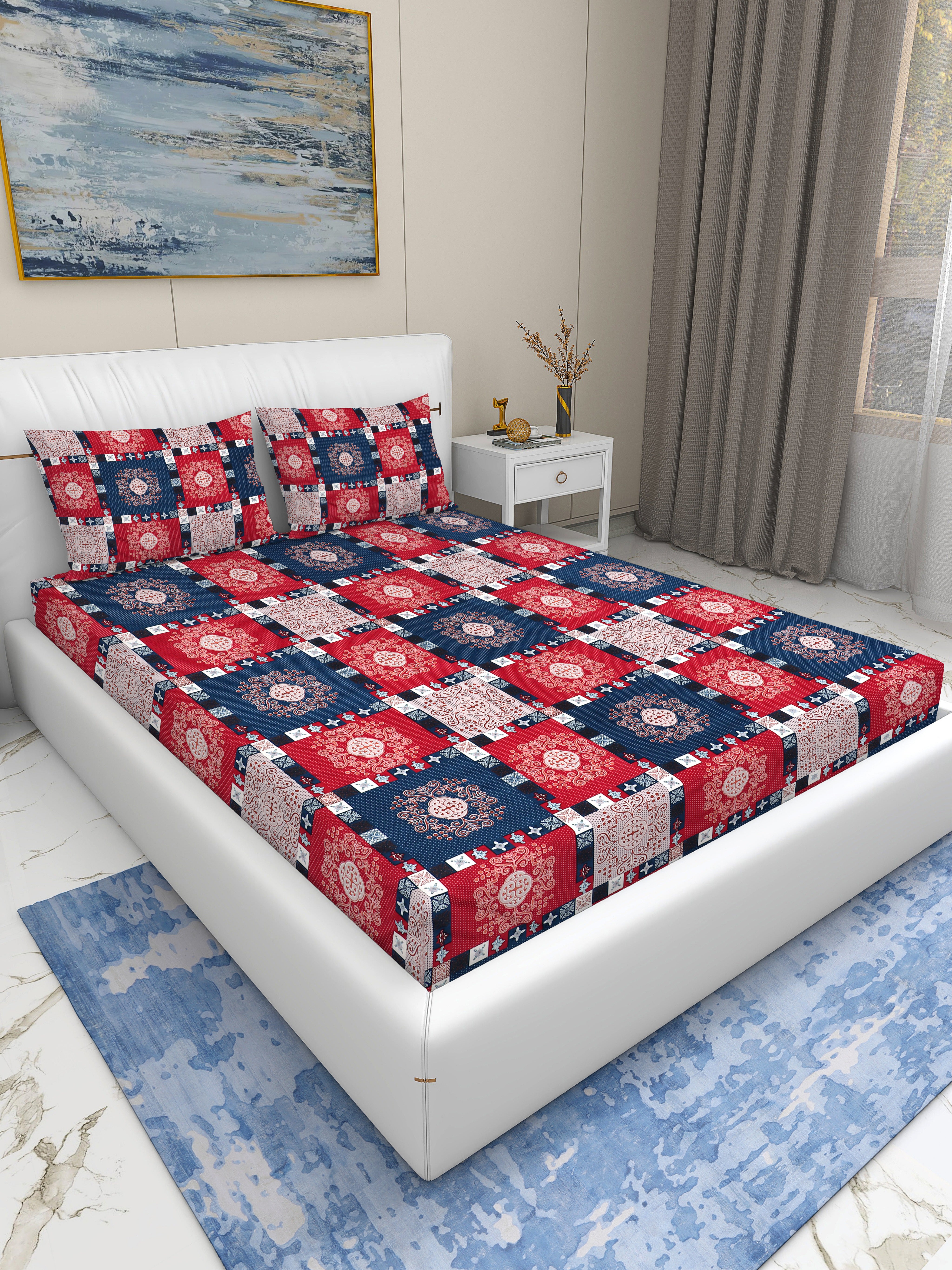 Fantasy Collection 180 TC Fitted Queen Bedsheet with 2 Pillow Covers | Red Blue Squares