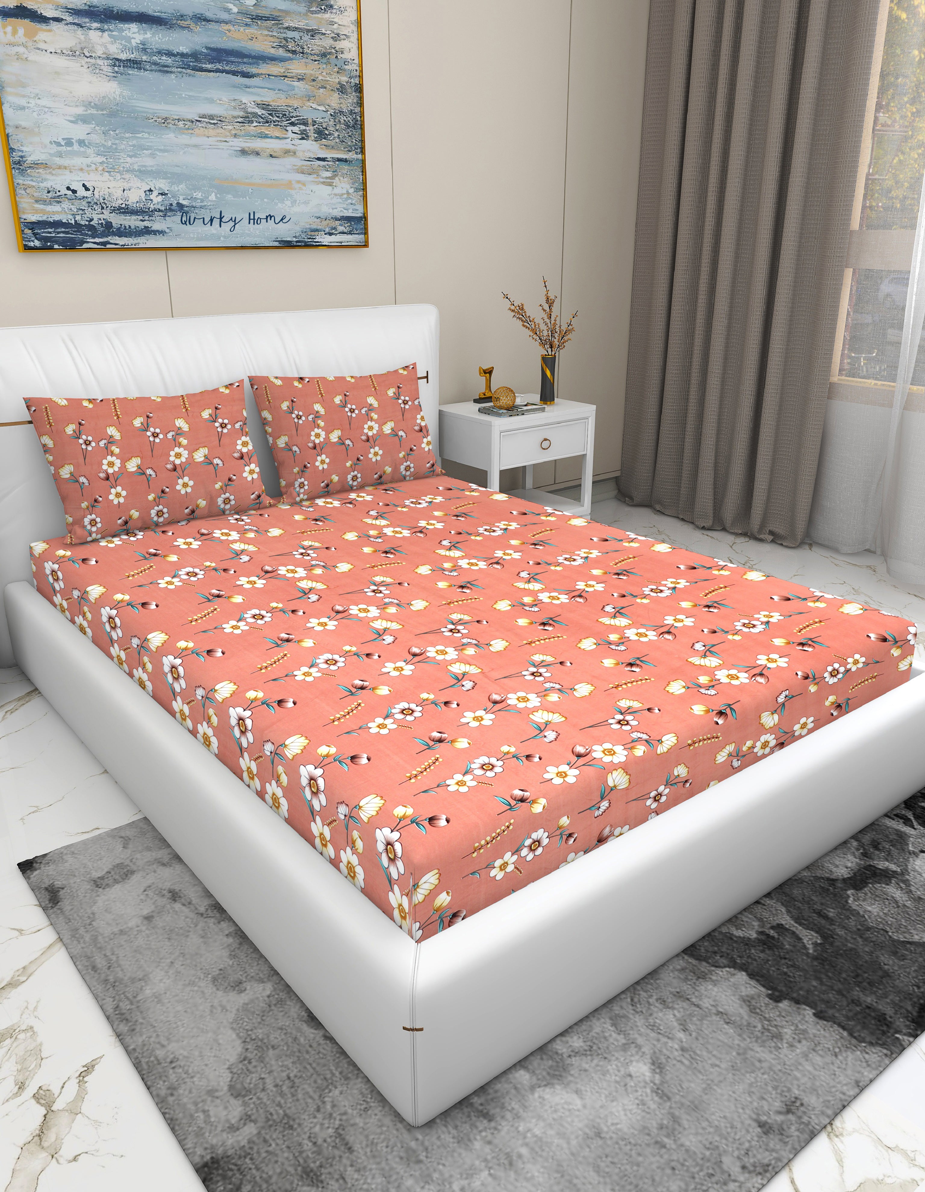 Fantasy Collection 180 TC Fitted Queen Bedsheet with 2 Pillow Covers | Pink Floral