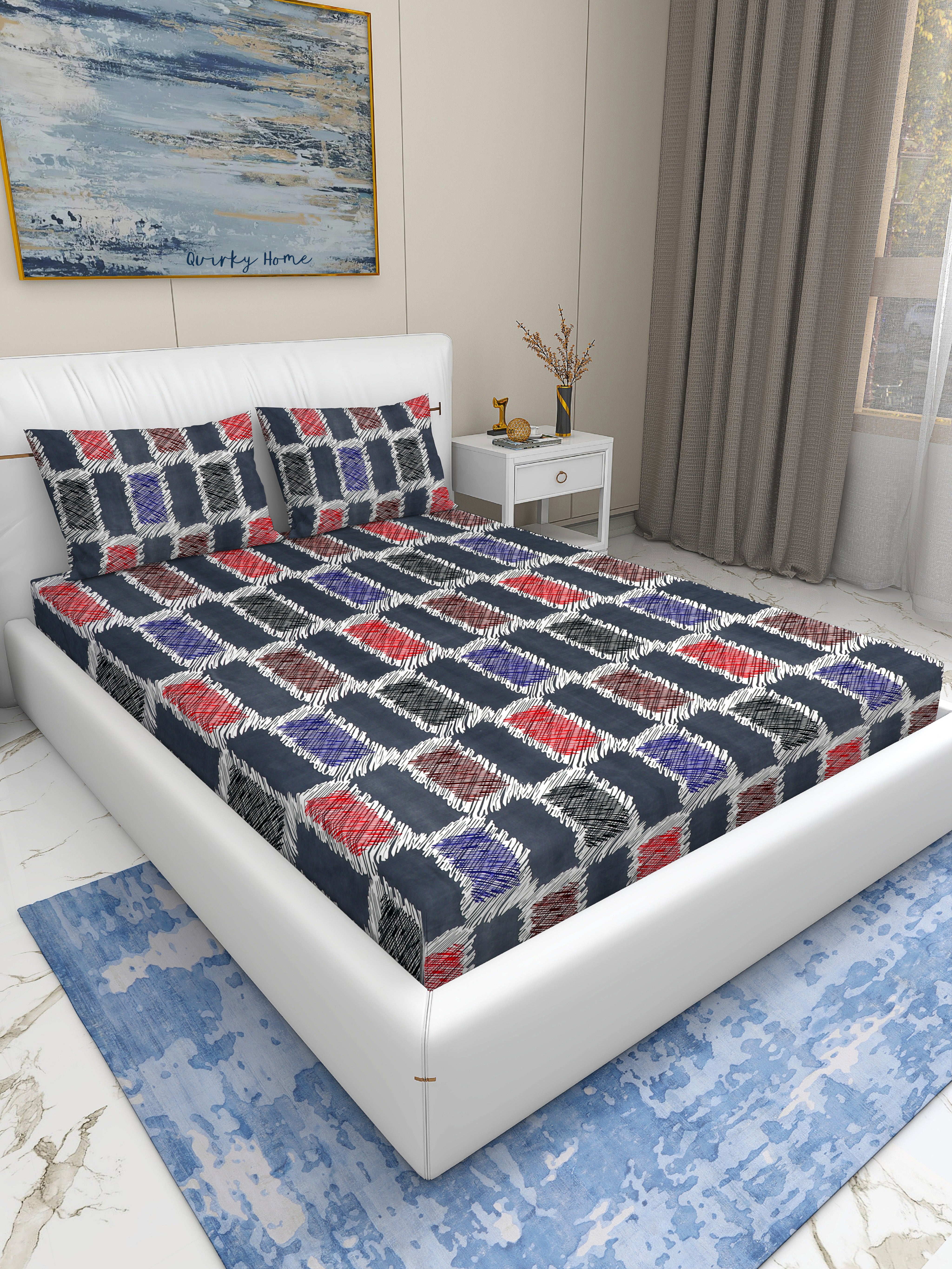 Fantasy Collection 180 TC Fitted Queen Bedsheet with 2 Pillow Covers | Grey Check