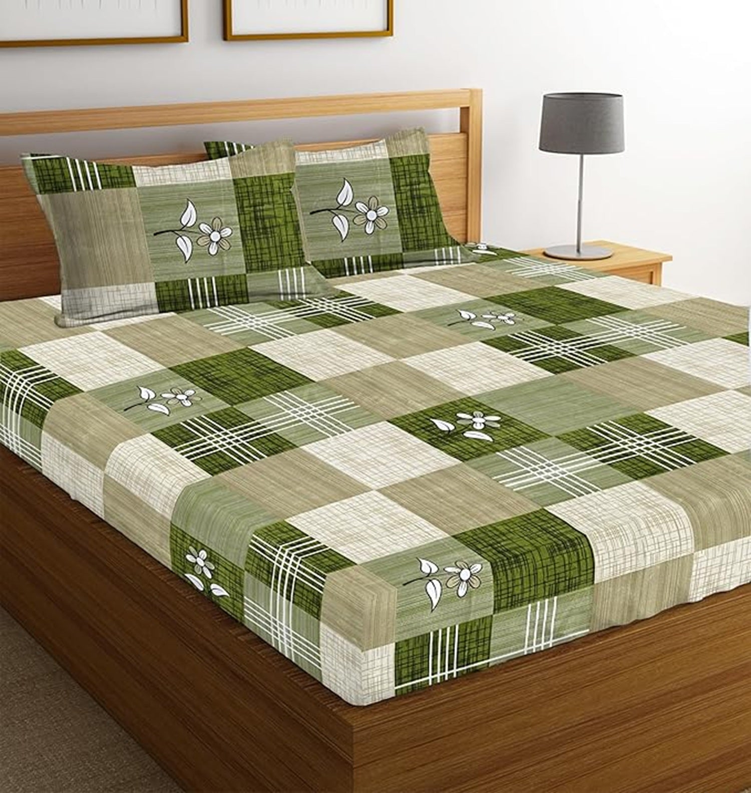Classic Collection Flat Double Bedsheet with 2 Pillow Cover | Olive Green Squares