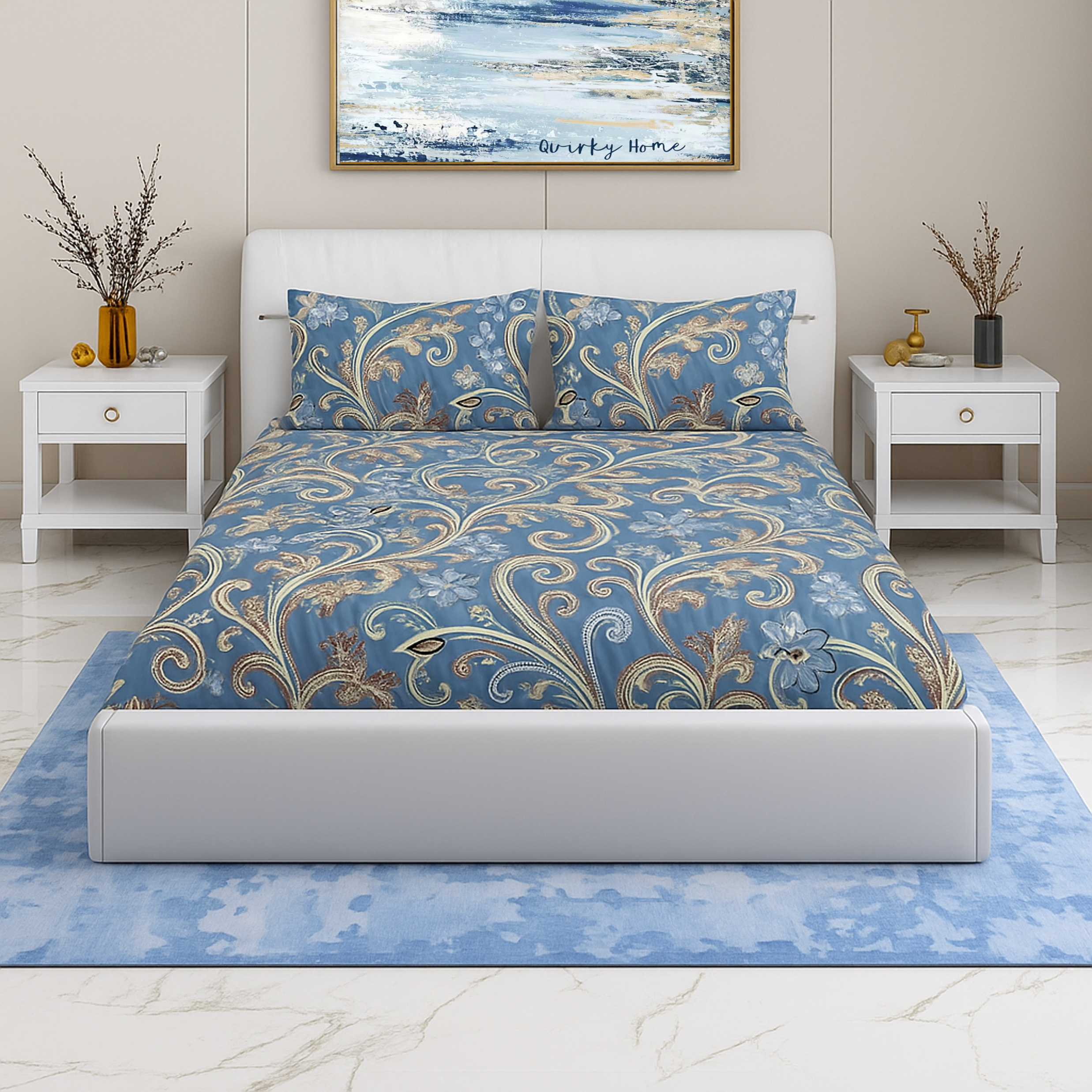 Coral Collection Fitted Double Bedsheet with 2 Pillow Cover | Blue Floral