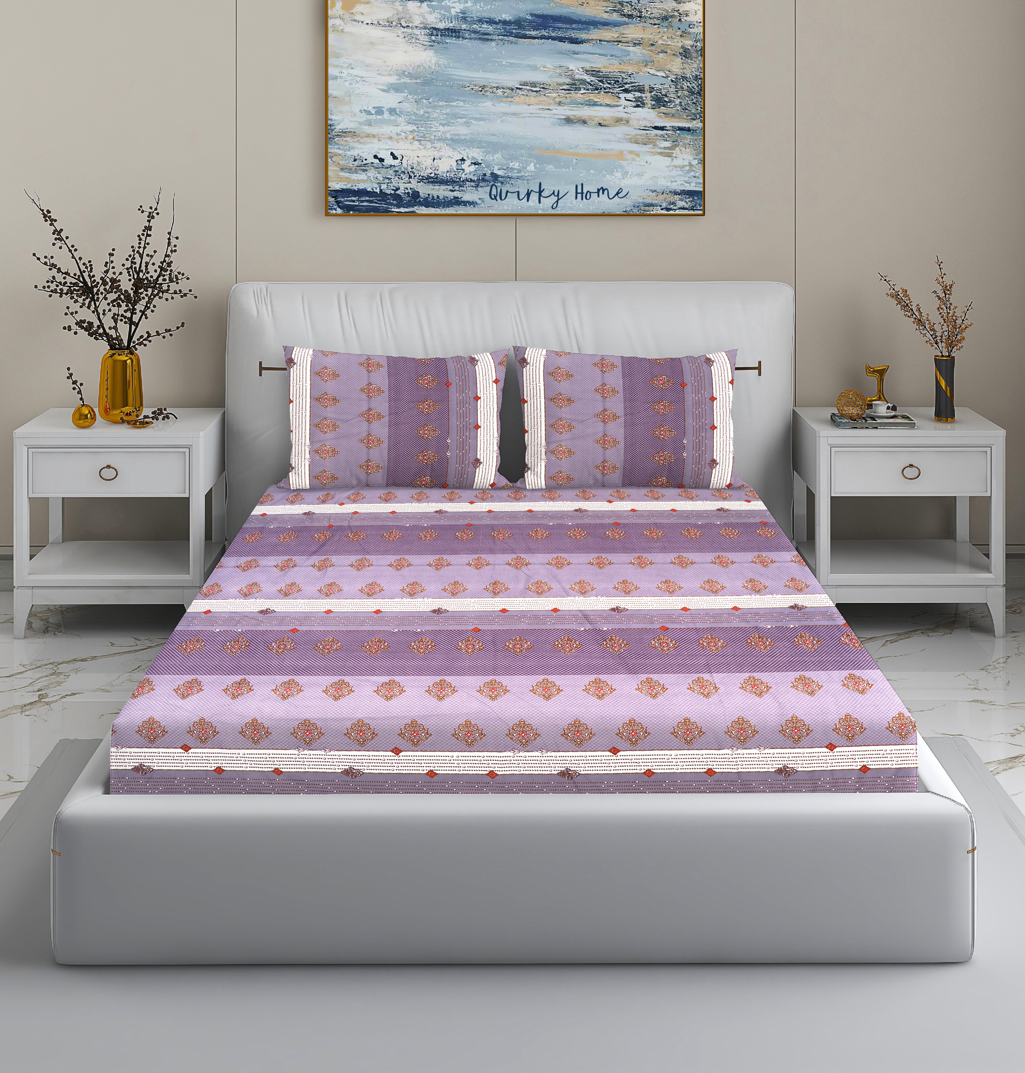 Rome Collection 220 TC King Bedsheet with 2 Pillow Covers | Purple Flowers