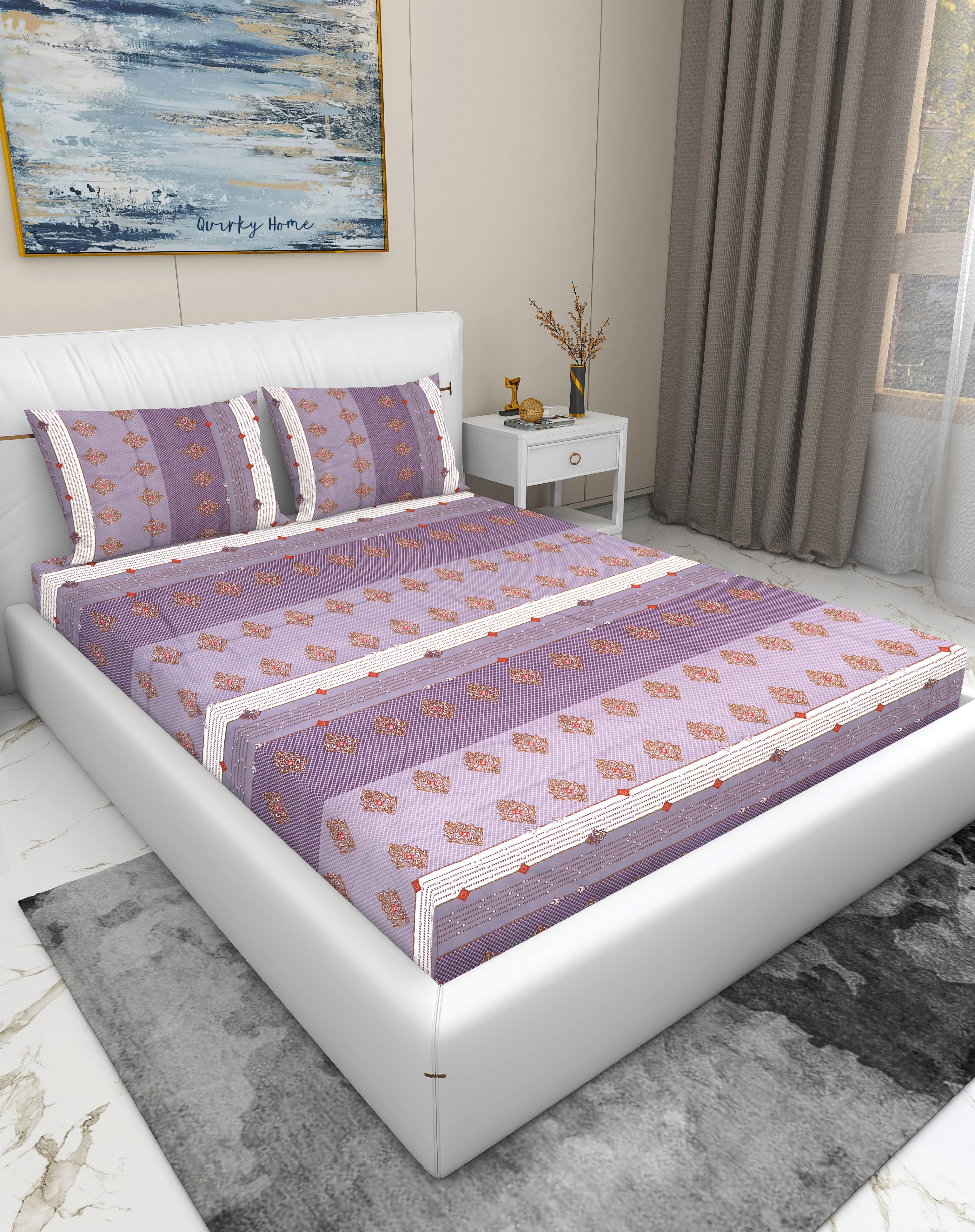 Rome Collection 220 TC King Bedsheet with 2 Pillow Covers | Purple Flowers