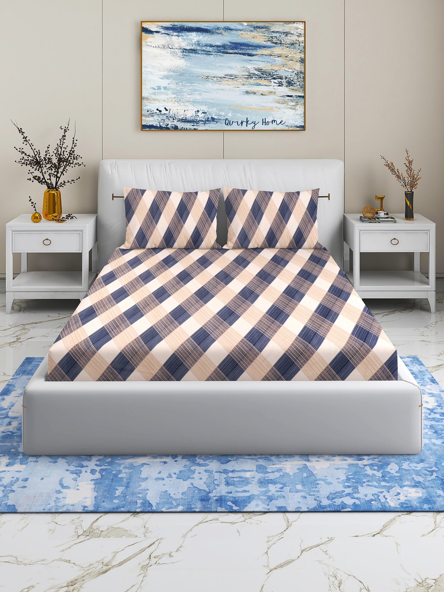 Rome Collection 220 TC Queen Bedsheet with 2 Pillow Covers | Brown Blue Criss Cross