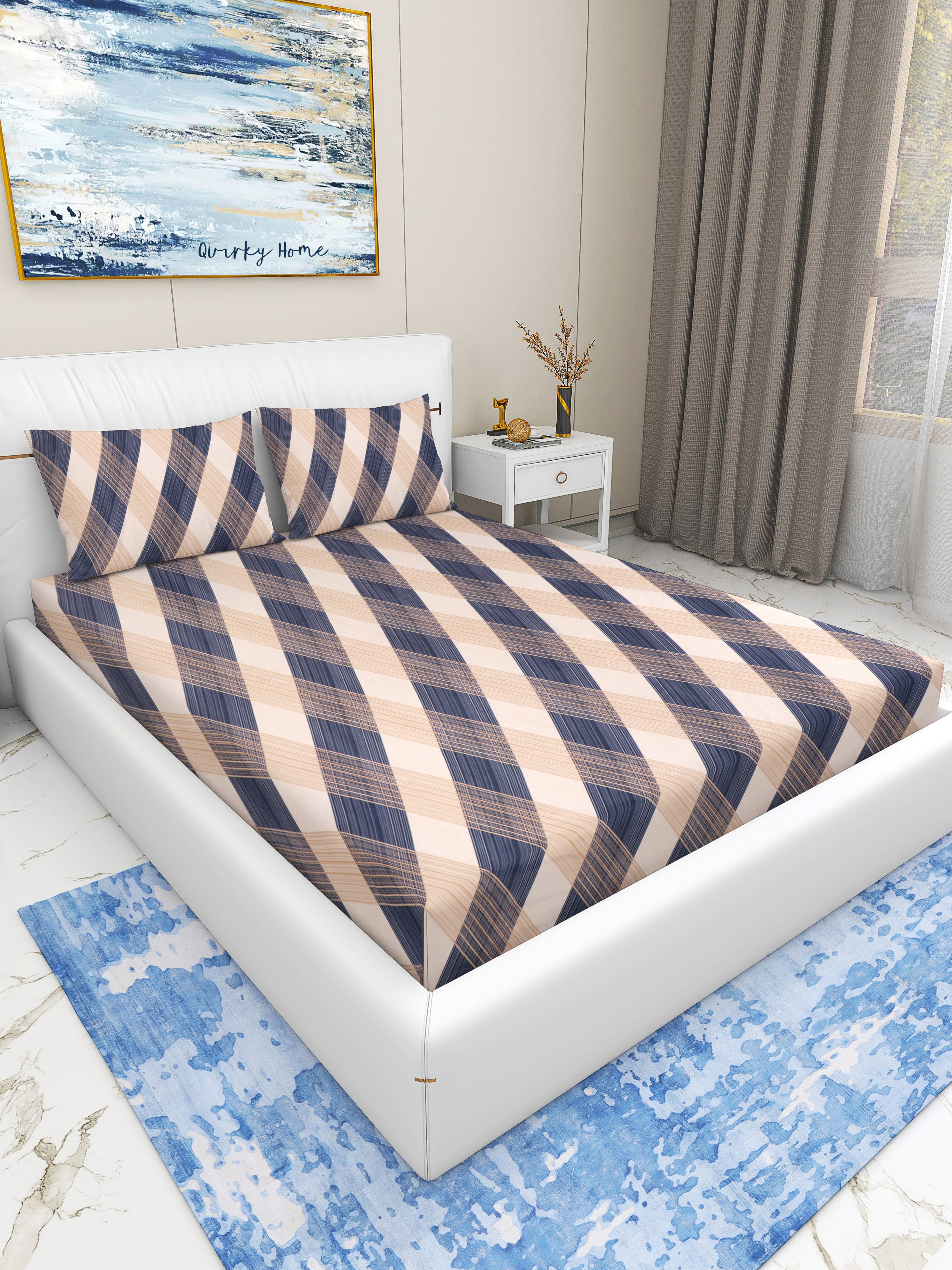 Rome Collection 220 TC Queen Bedsheet with 2 Pillow Covers | Brown Blue Criss Cross