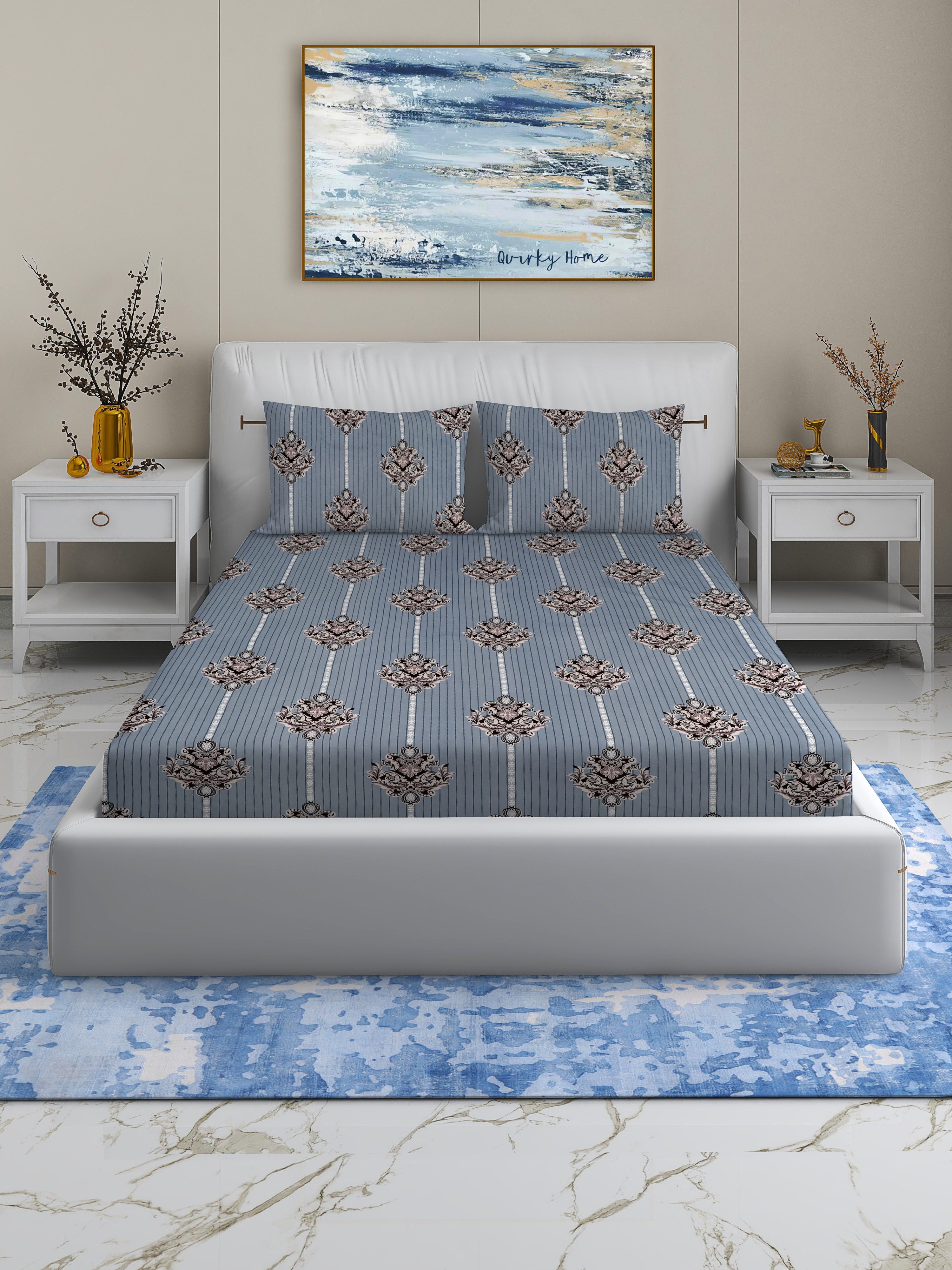 Rome Collection 220 TC King Bedsheet with 2 Pillow Covers | Blue Trophy