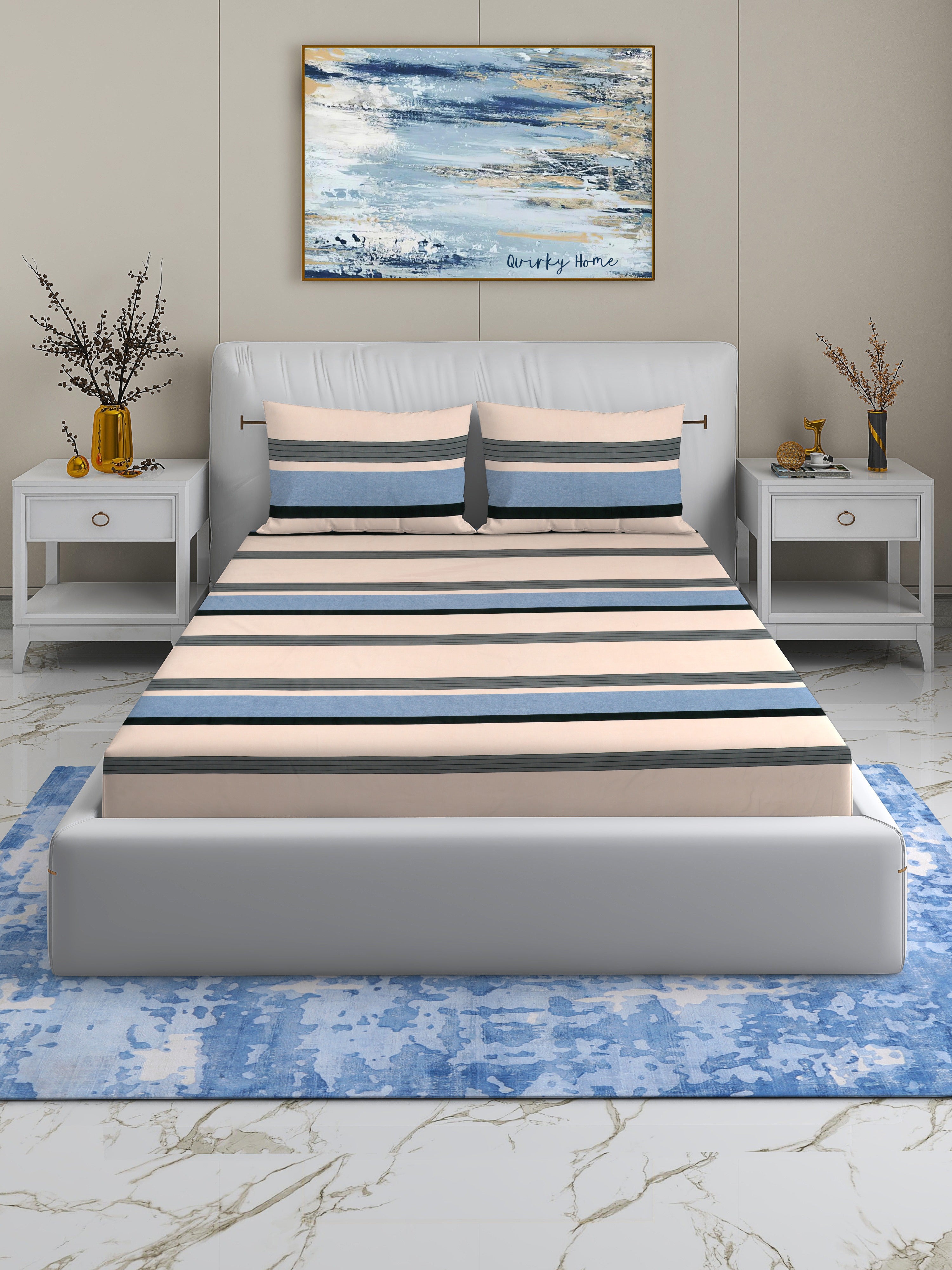 Rome Collection 220 TC King Bedsheet with 2 Pillow Covers | BG Stripes