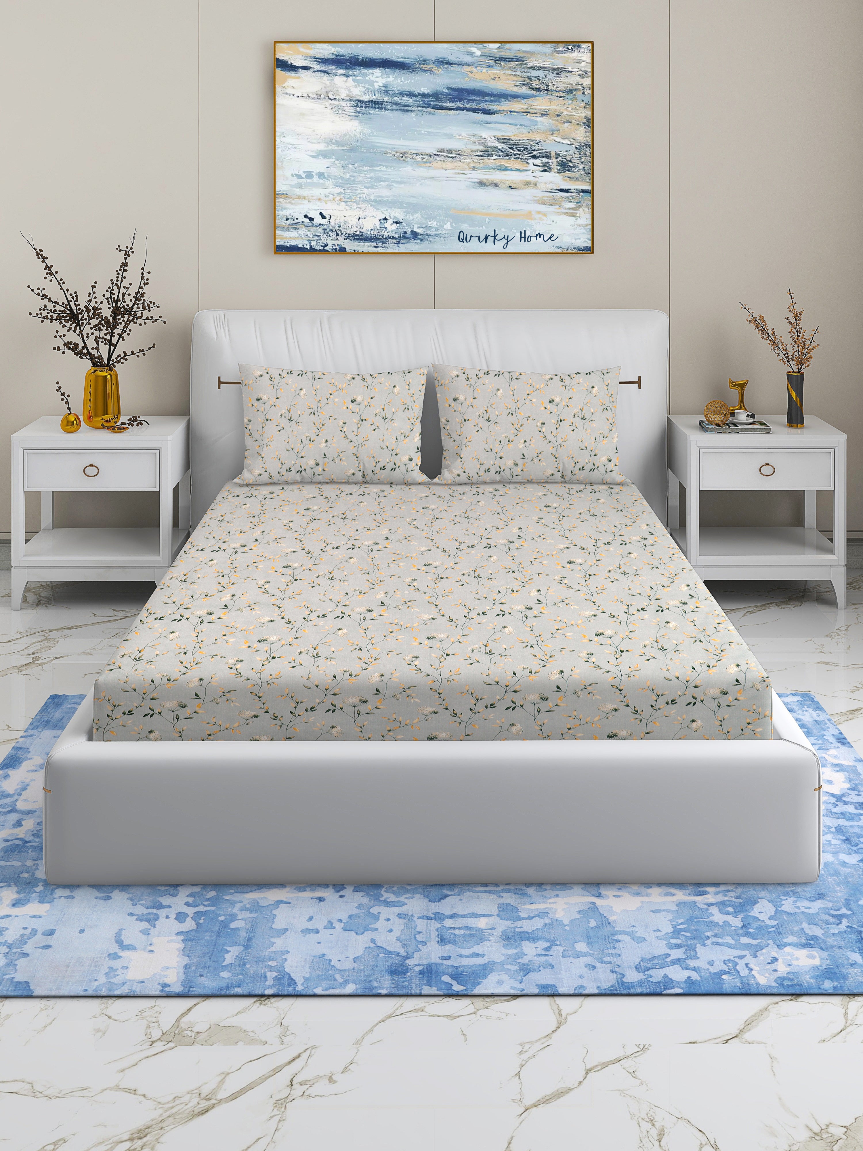Rome Collection 220 TC King Bedsheet with 2 Pillow Covers | Grey Floral