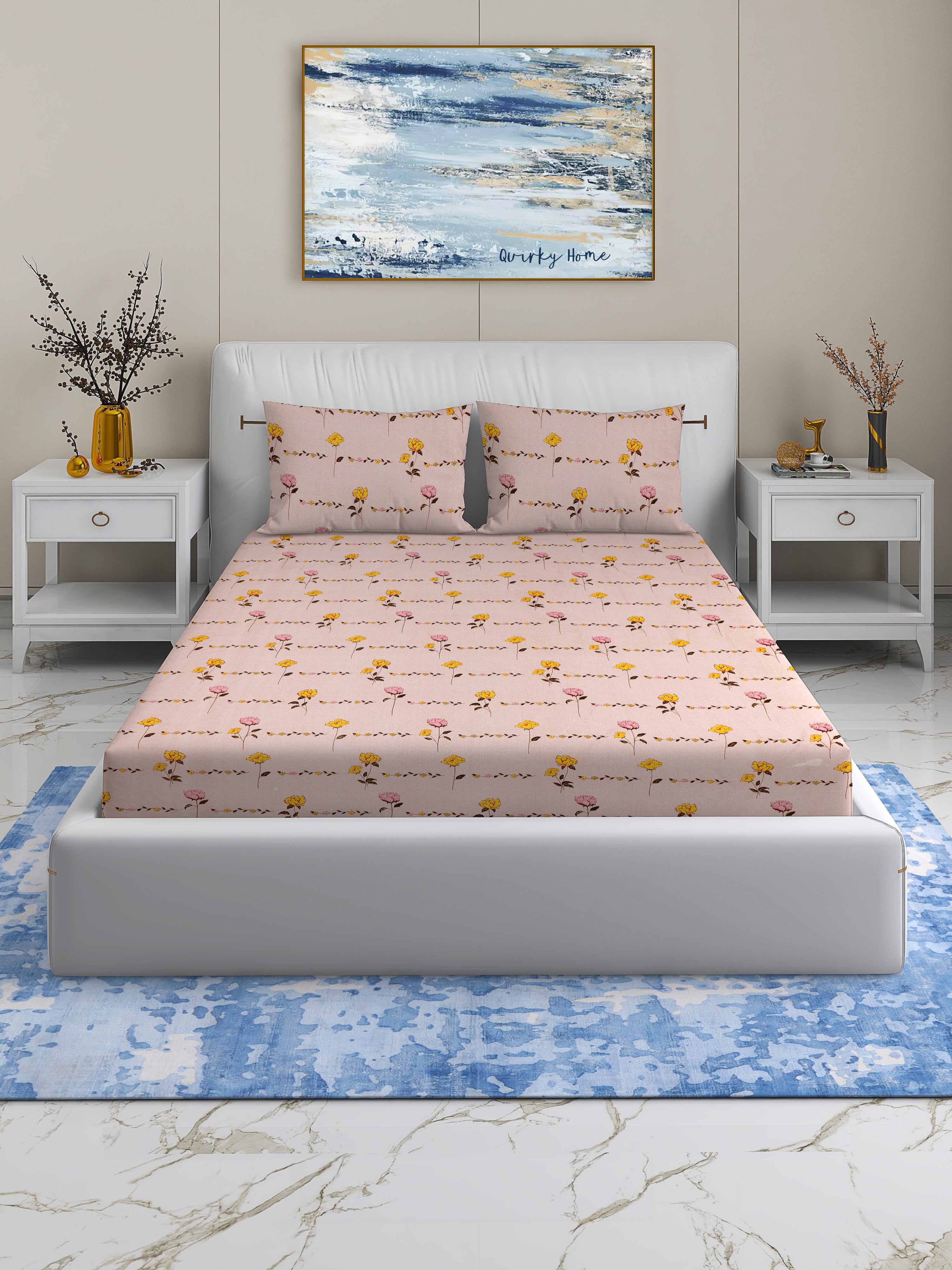 Rome Collection 220 TC King Bedsheet with 2 Pillow Covers | Pink Flowers