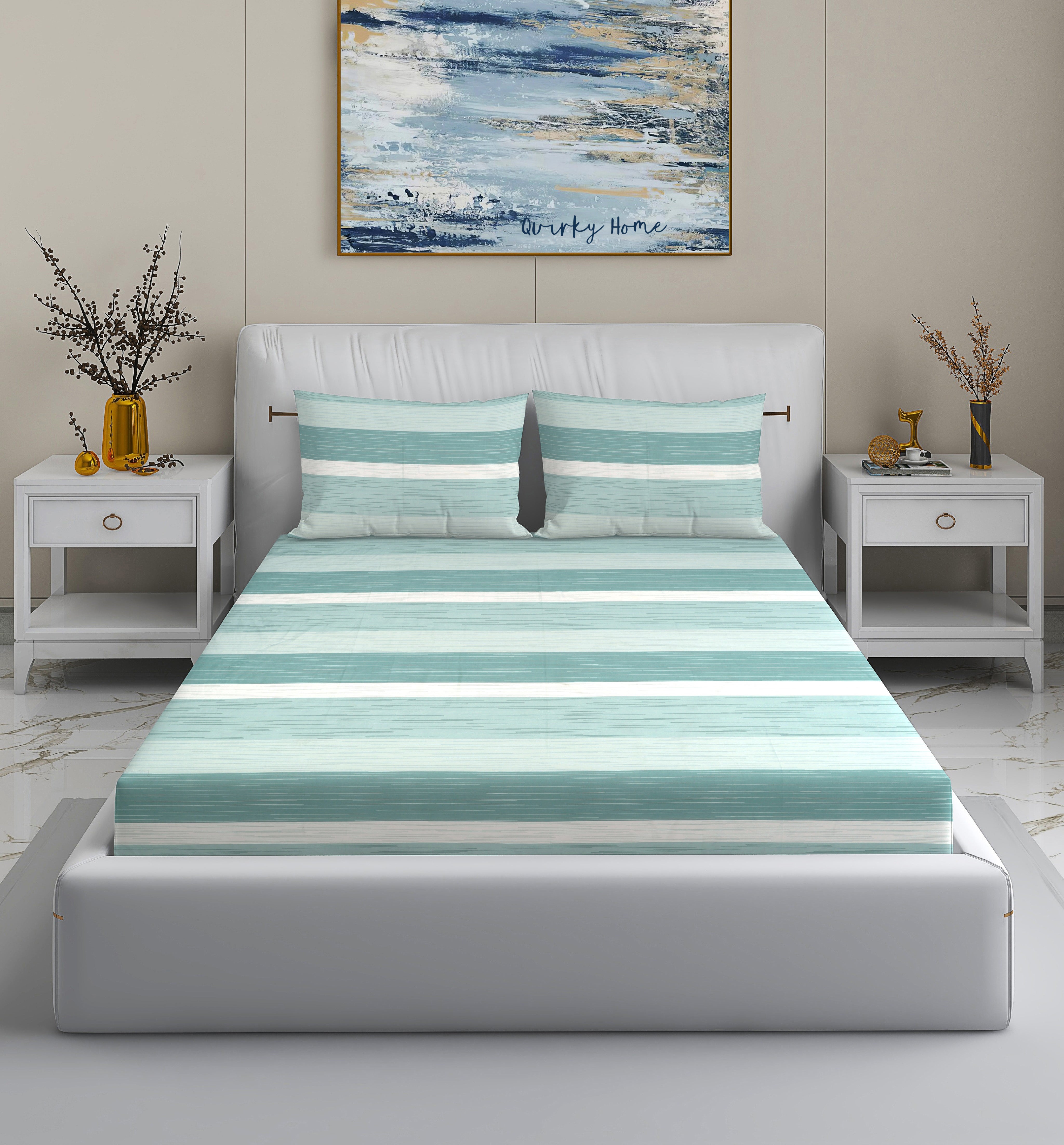 Rome Collection 220 TC King Bedsheet with 2 Pillow Covers | Green Lines