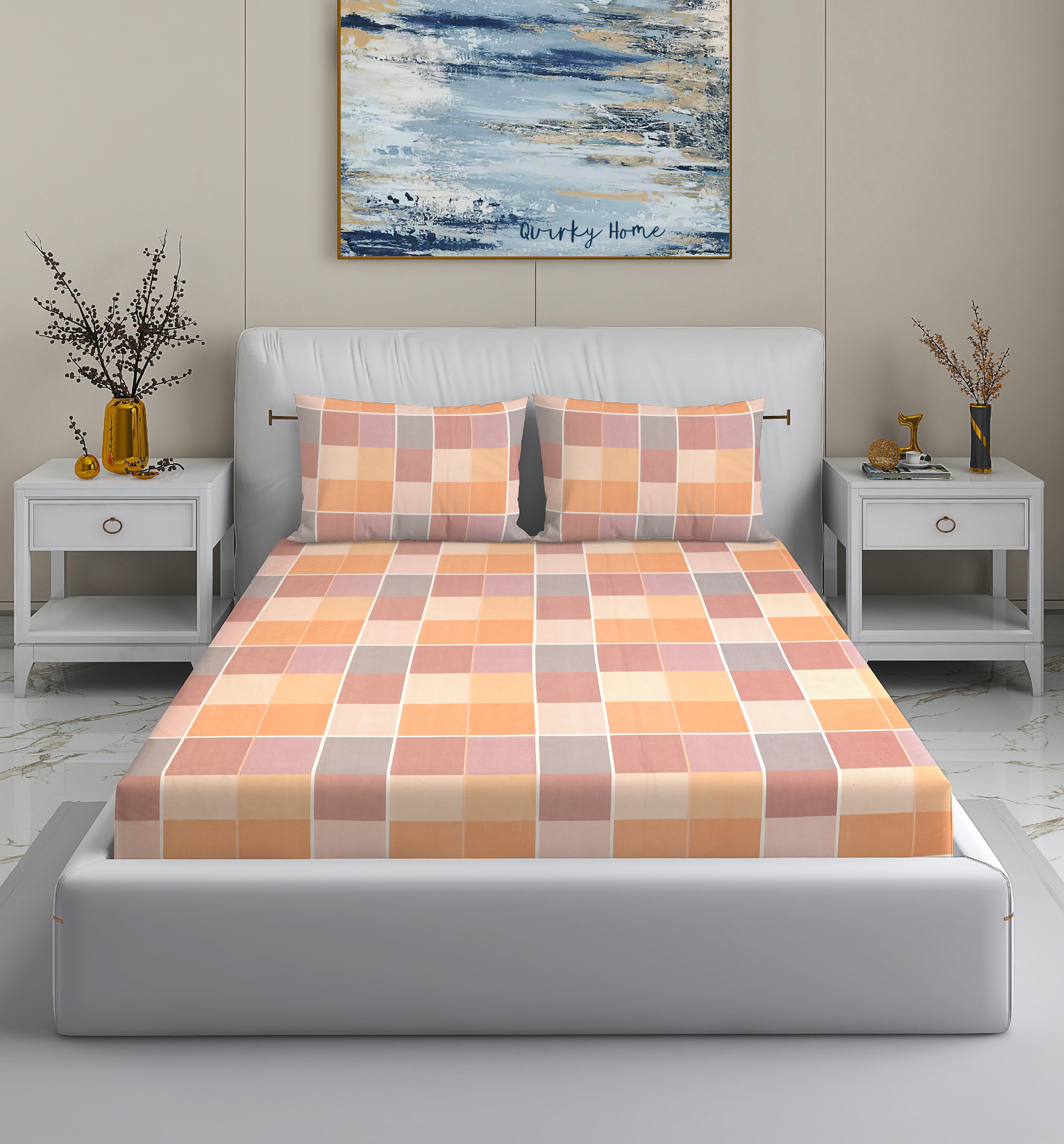 Rome Collection 220 TC King Bedsheet with 2 Pillow Covers | Peach Check