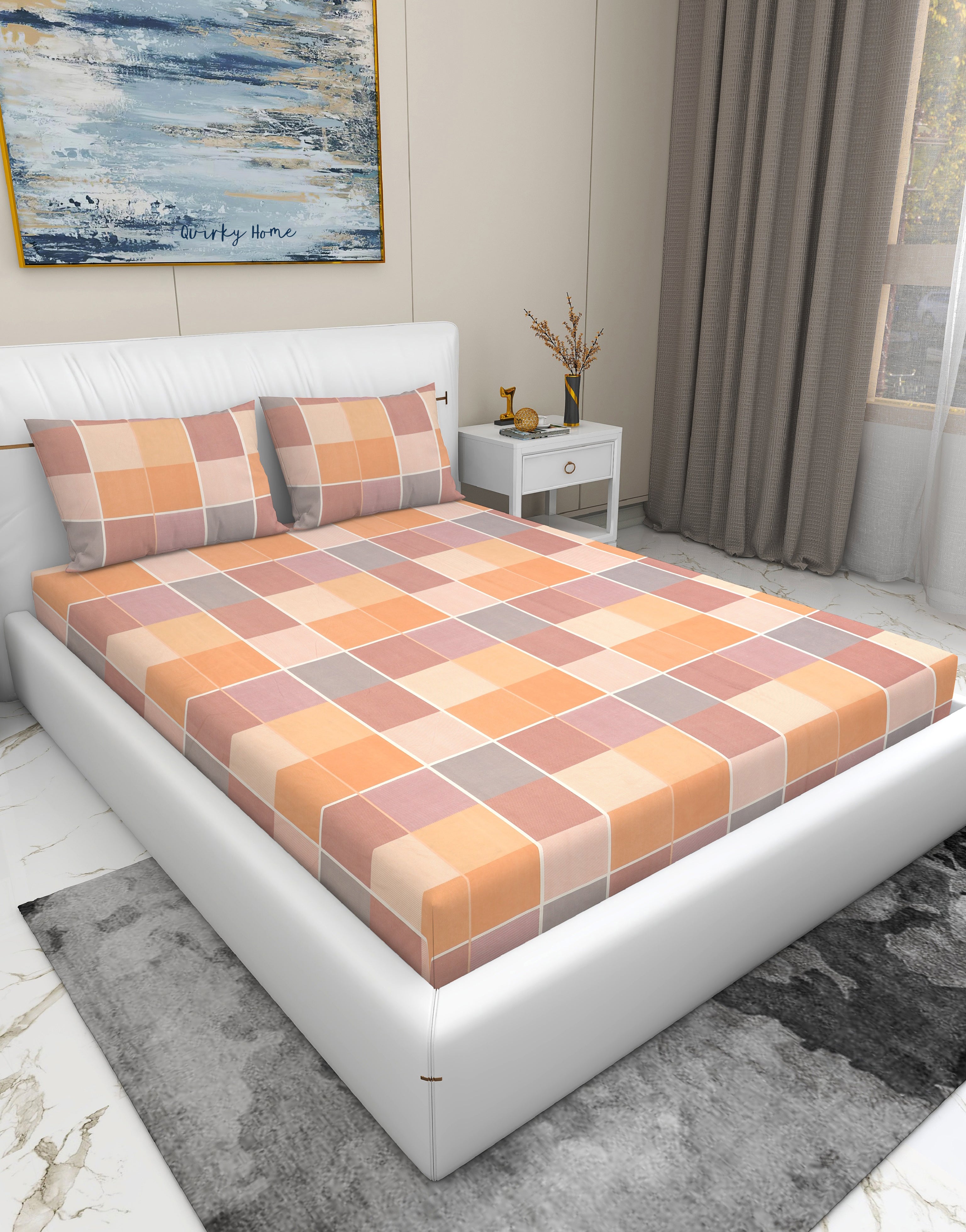 Rome Collection 220 TC King Bedsheet with 2 Pillow Covers | Peach Check